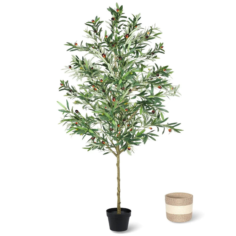 7FT Artificial Olive Tree Indoor Tall Faux with Planter & Basket by HouseOfZazla