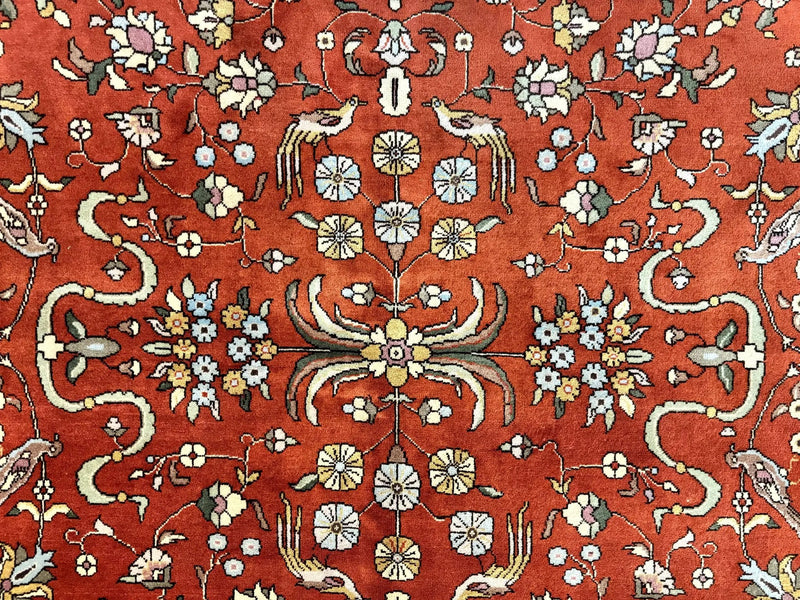 Romanian Rug 10x13, Vintage Handmade Wool Carpet, Floral Pattern, Birds, Red and Cream, Signed By Masterweaver, Persian Rug by Jewel Rugs