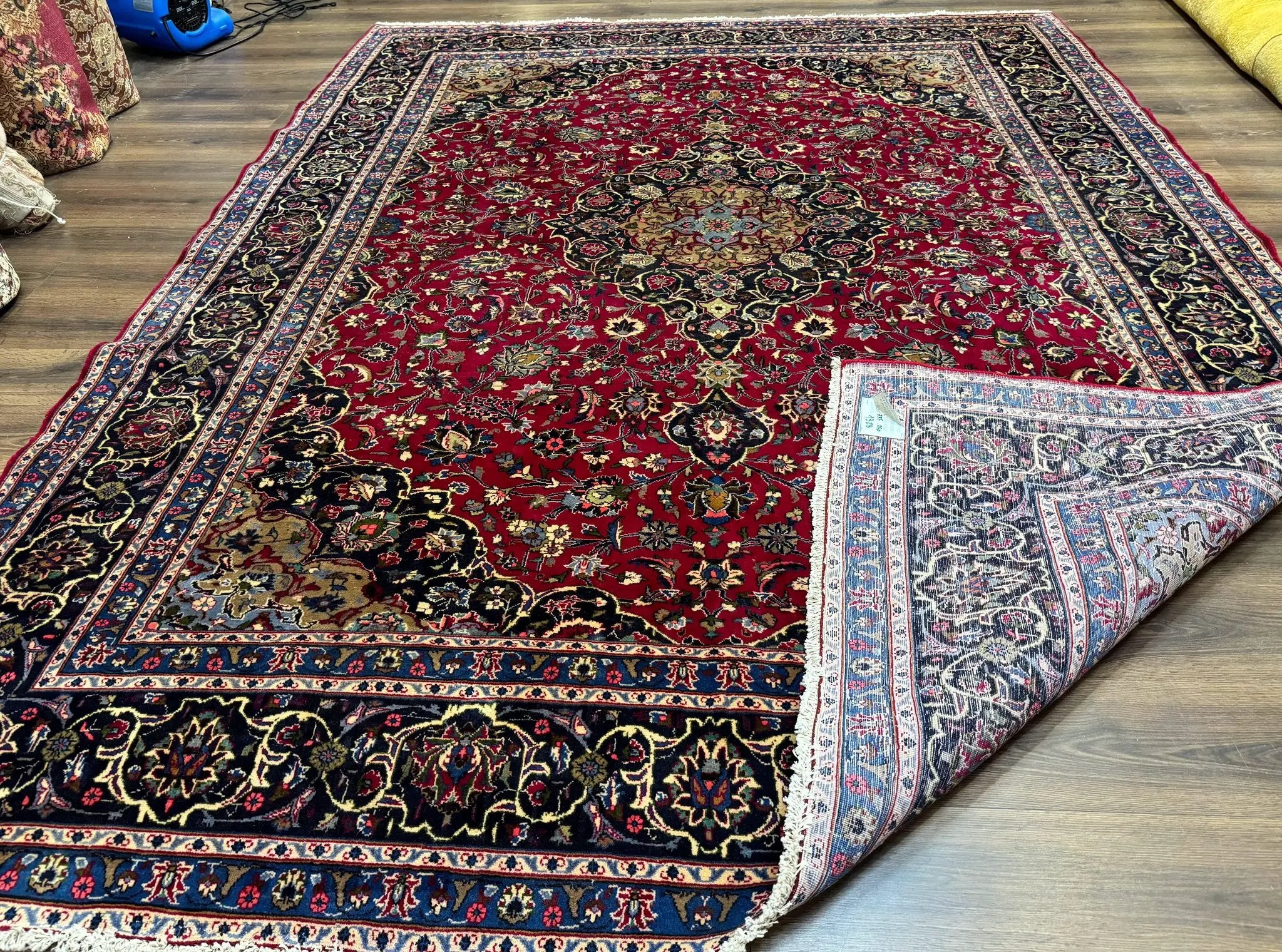 Traditional Persian Rug 8x11, Red Navy Blue, Floral Medallion, Antique Persian Mashad Carpet, Wool by Jewel Rugs