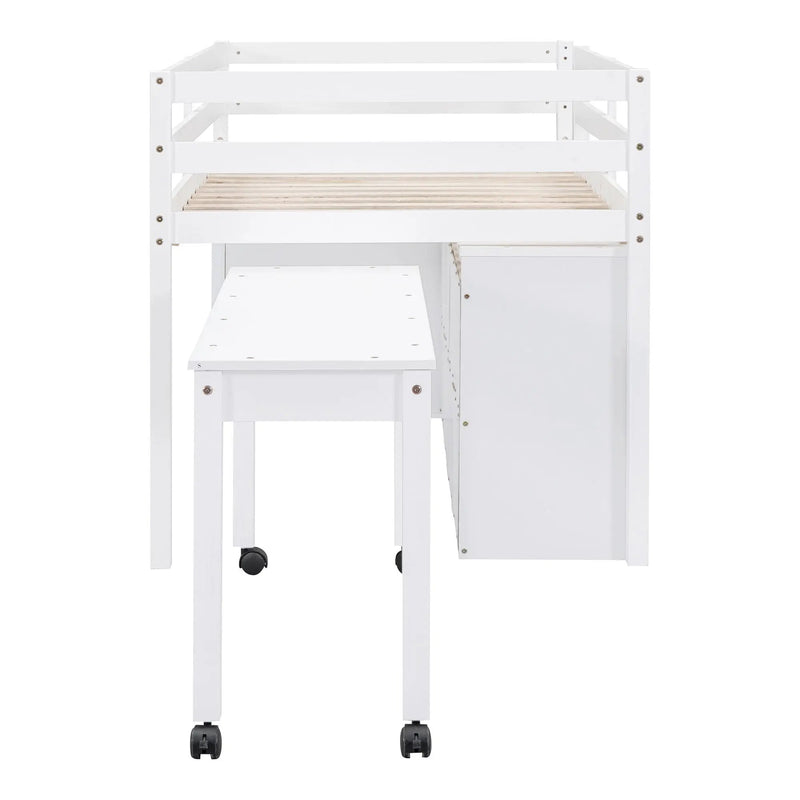 Loft Bed With Retractable Writing Desk And 4 Drawers, With Lateral Portable Desk And Shelves by HouseOfZazla