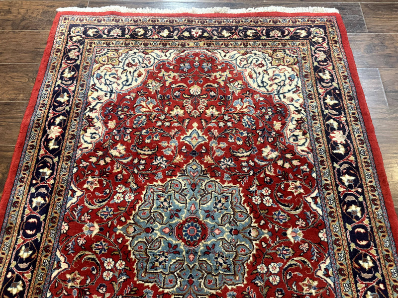 Persian Sarouk Rug 4x7, Red Navy Blue Vintage Wool Medallion Carpet by Jewel Rugs