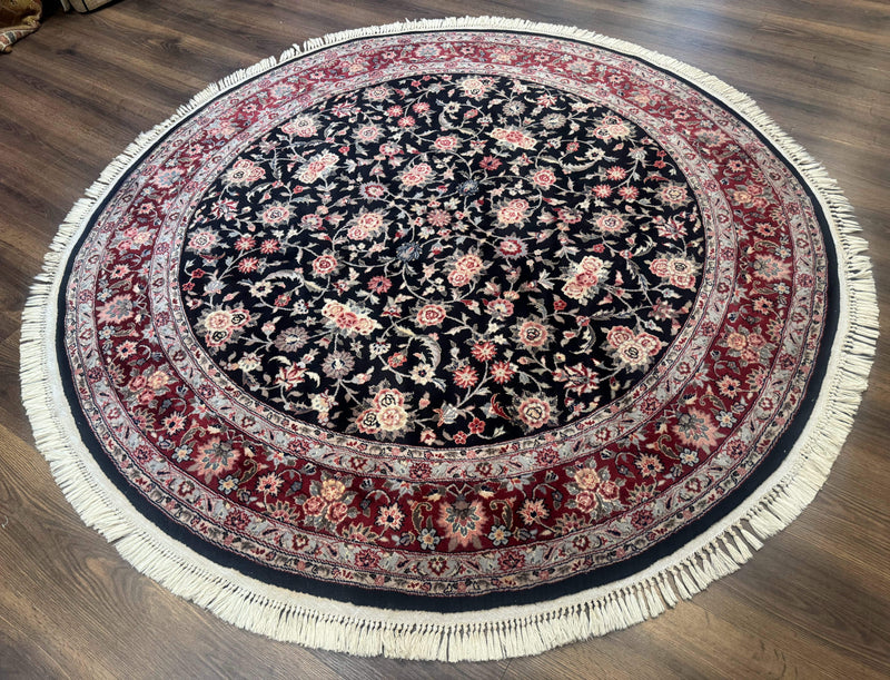 Round Sino Persian Rug 6x6, Floral, Navy Blue and Red, Wool and Silk Highlights by Jewel Rugs