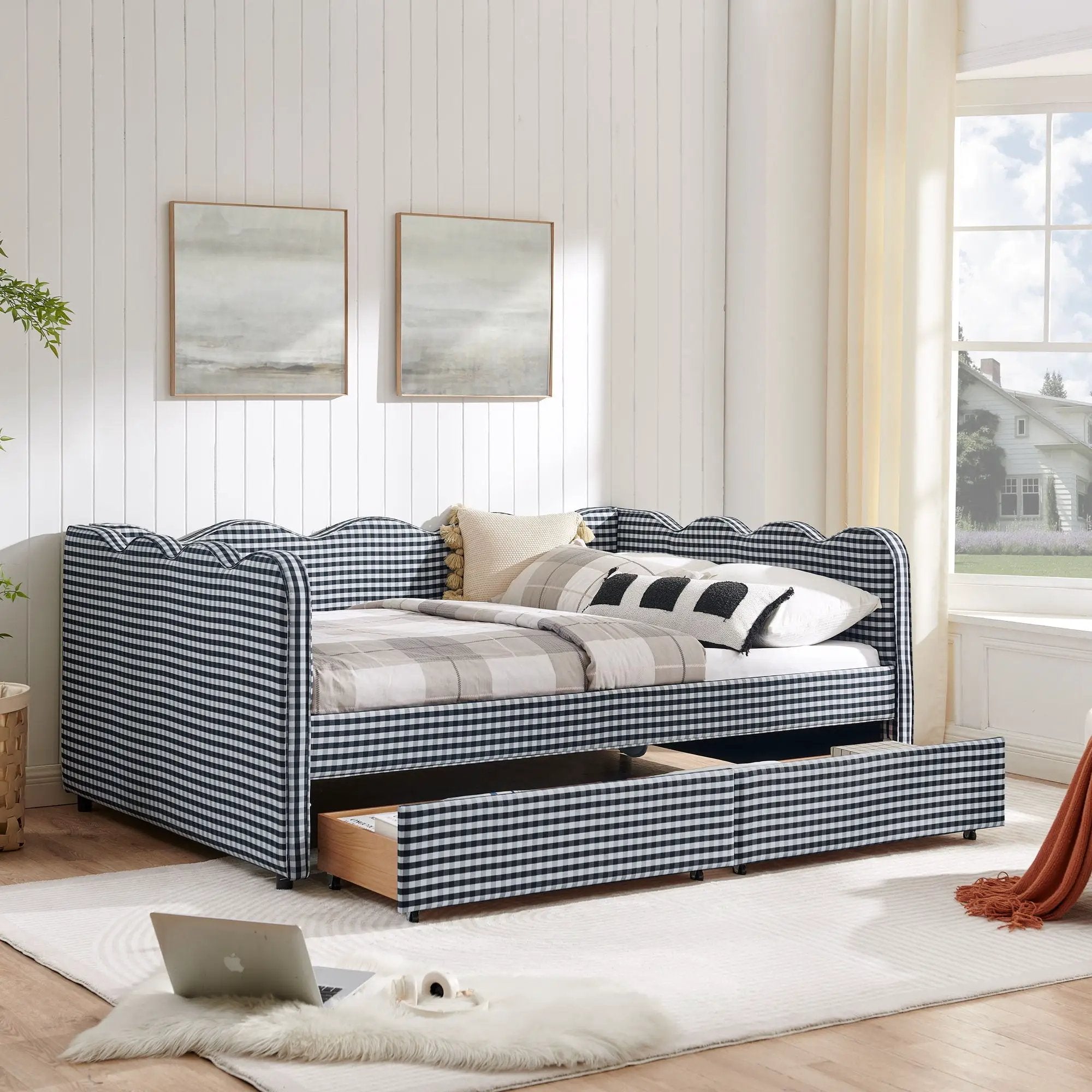 Gingham Daybed With USB Charging Port, Wave-Shaped Design by Unique Piece Furniture