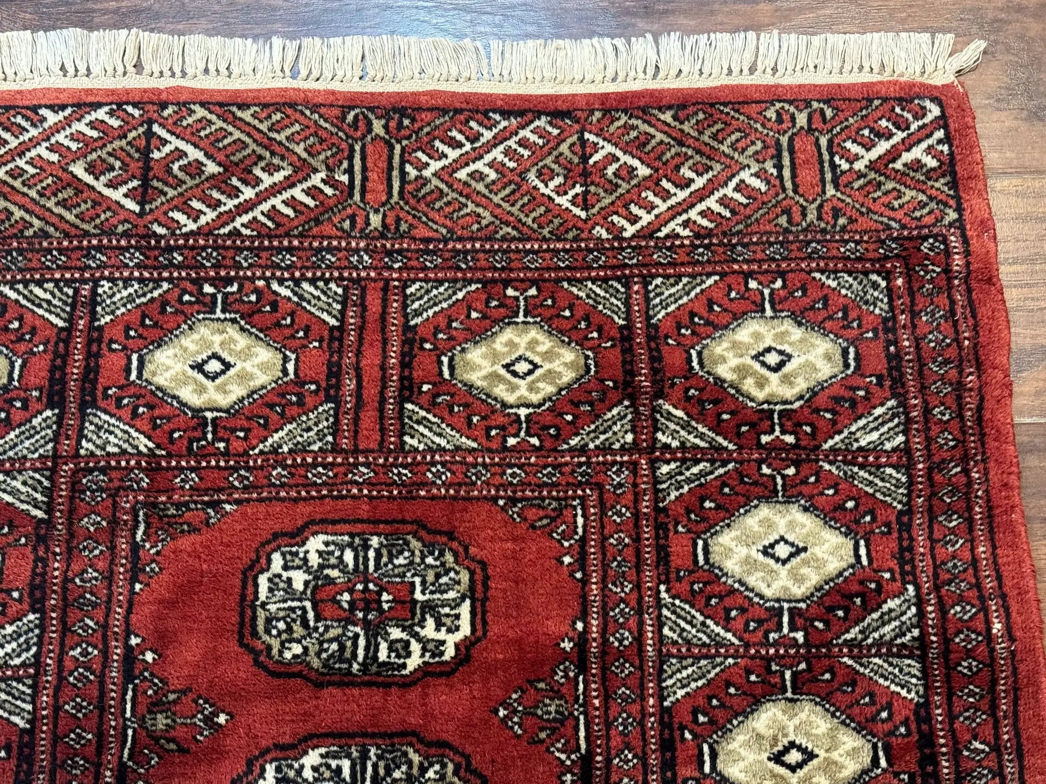 Red Pakistani Turkoman Rug 3x5, Bokhara Design, Vintage, Signed by Jewel Rugs