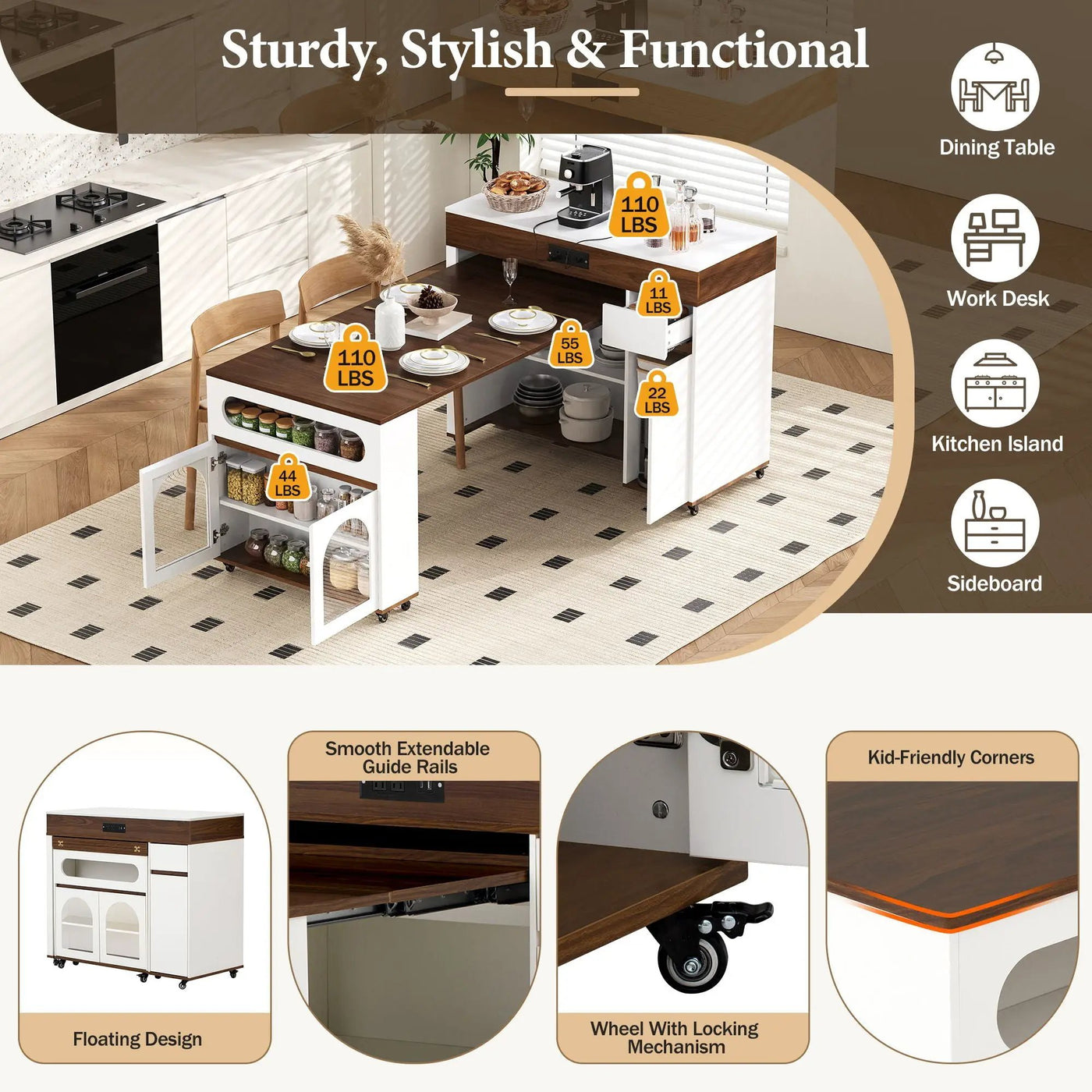 Extendable Dining Table With Folding Top, Rolling Kitchen Island With Drawers And Power Outlet by HouseOfZazla