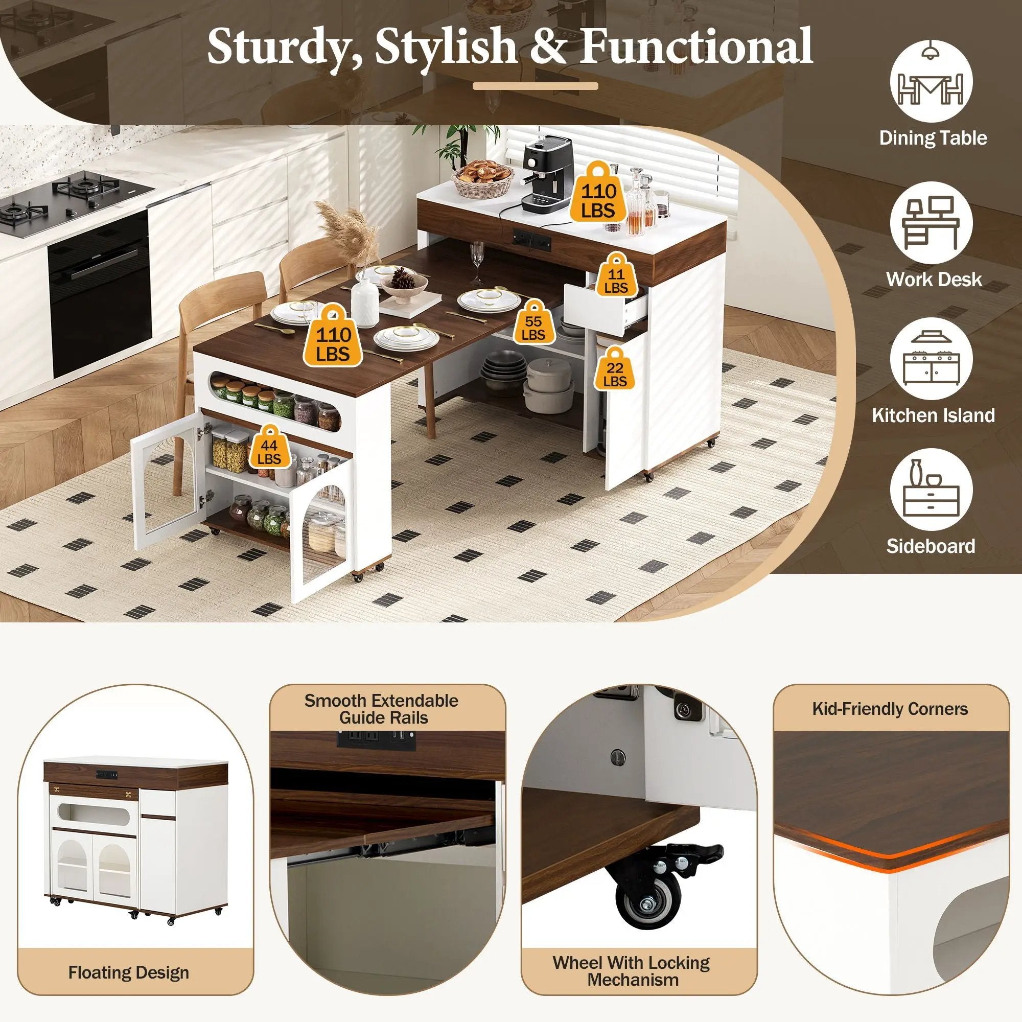 Extendable Dining Table With Folding Top, Rolling Kitchen Island With Drawers And Power Outlet