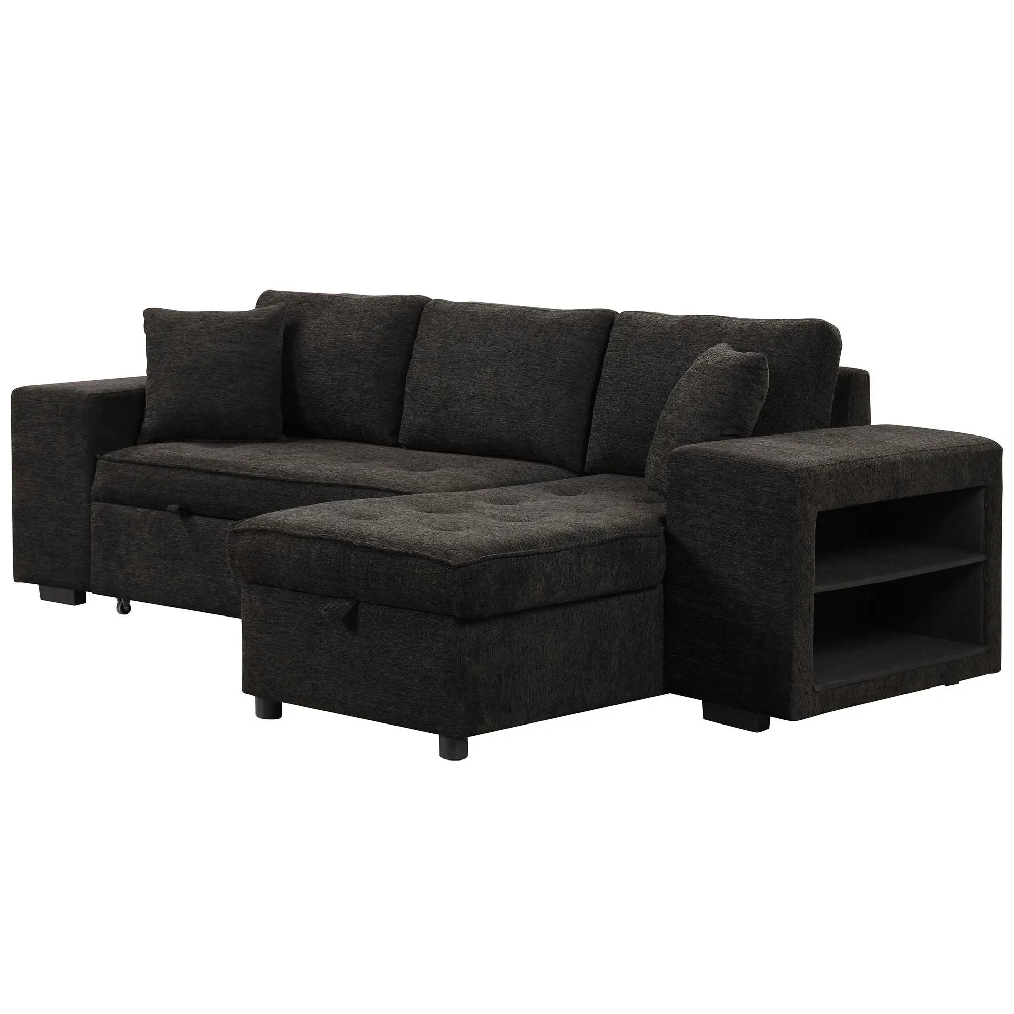 Modern L-Shape 3 Seat Reversible Sectional Couch, Pull Out Sleeper Sofa With Storage Chaise And 2 Stools For Living Room Furniture Set by HouseOfZazla
