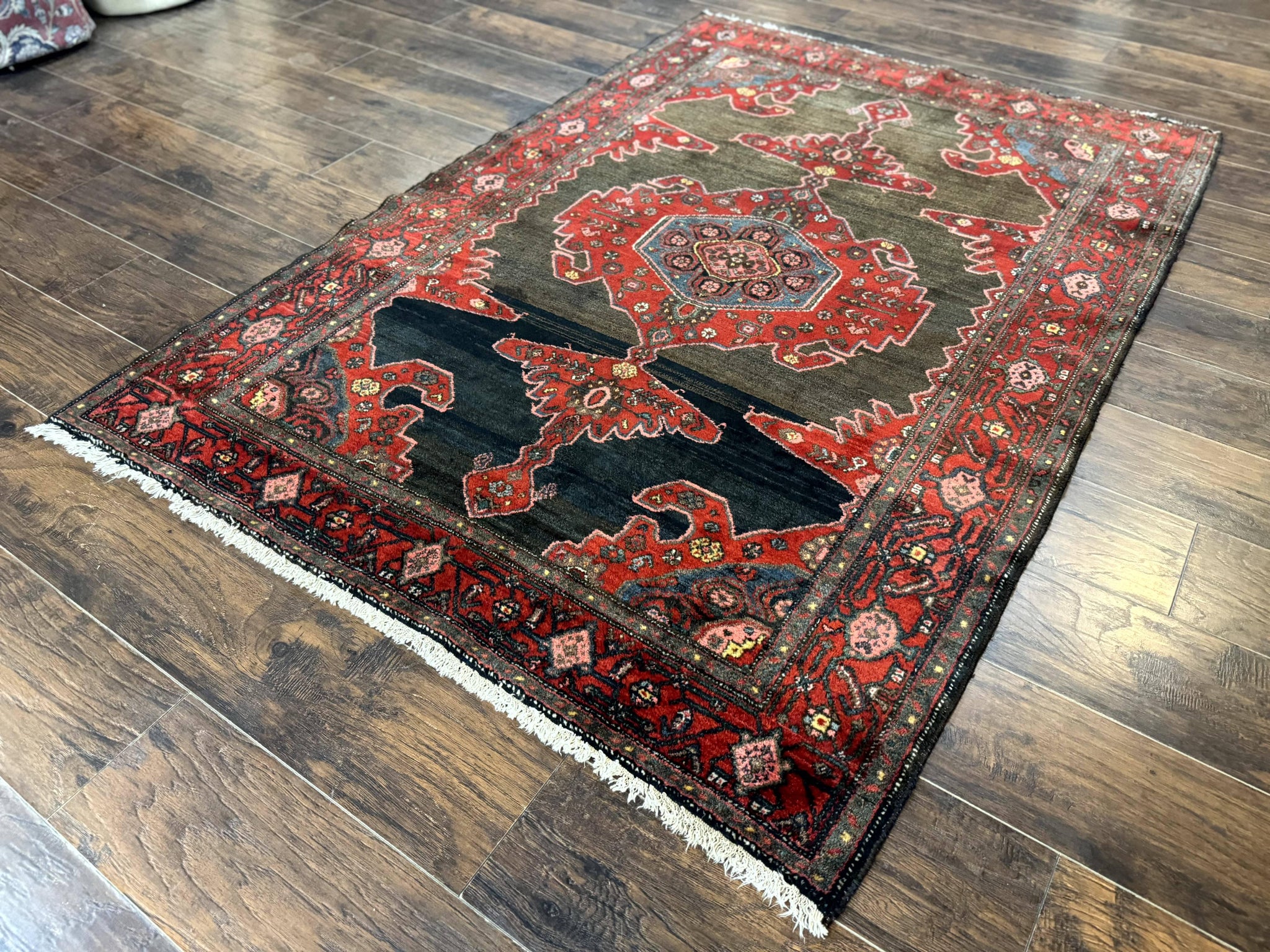 Antique Persian Tribal Rug 5x7, Geometric Wool Carpet, Kurdish Senneh Rug by Jewel Rugs