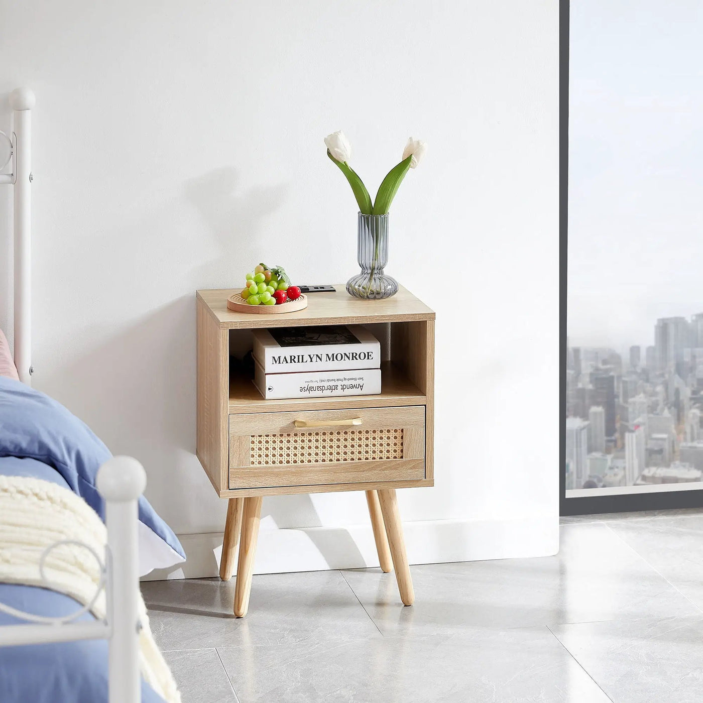15.75" Rattan End Table With Power Outlet & USB Ports, Modern Nightstand With Drawer And Solid Wood Legs, Side Table For Living Room, Bedroom by HouseOfZazla