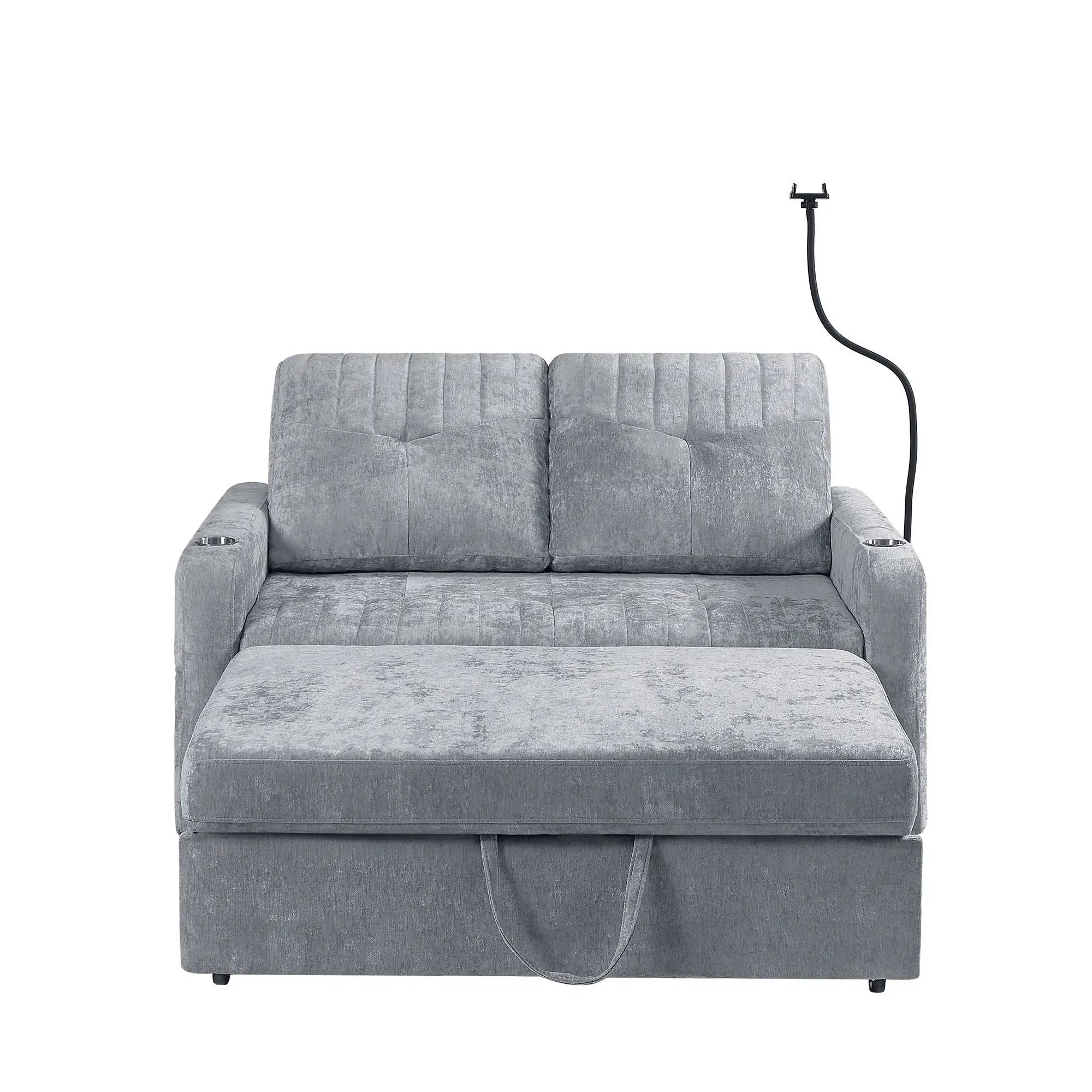 Modern Loveseat Pull Out Sofa Bed With Adjustable Backrest, Two Cup Holders, A Phone Holder, Three Charging Ports And Side Storage Pockets For Living Room by HouseOfZazla