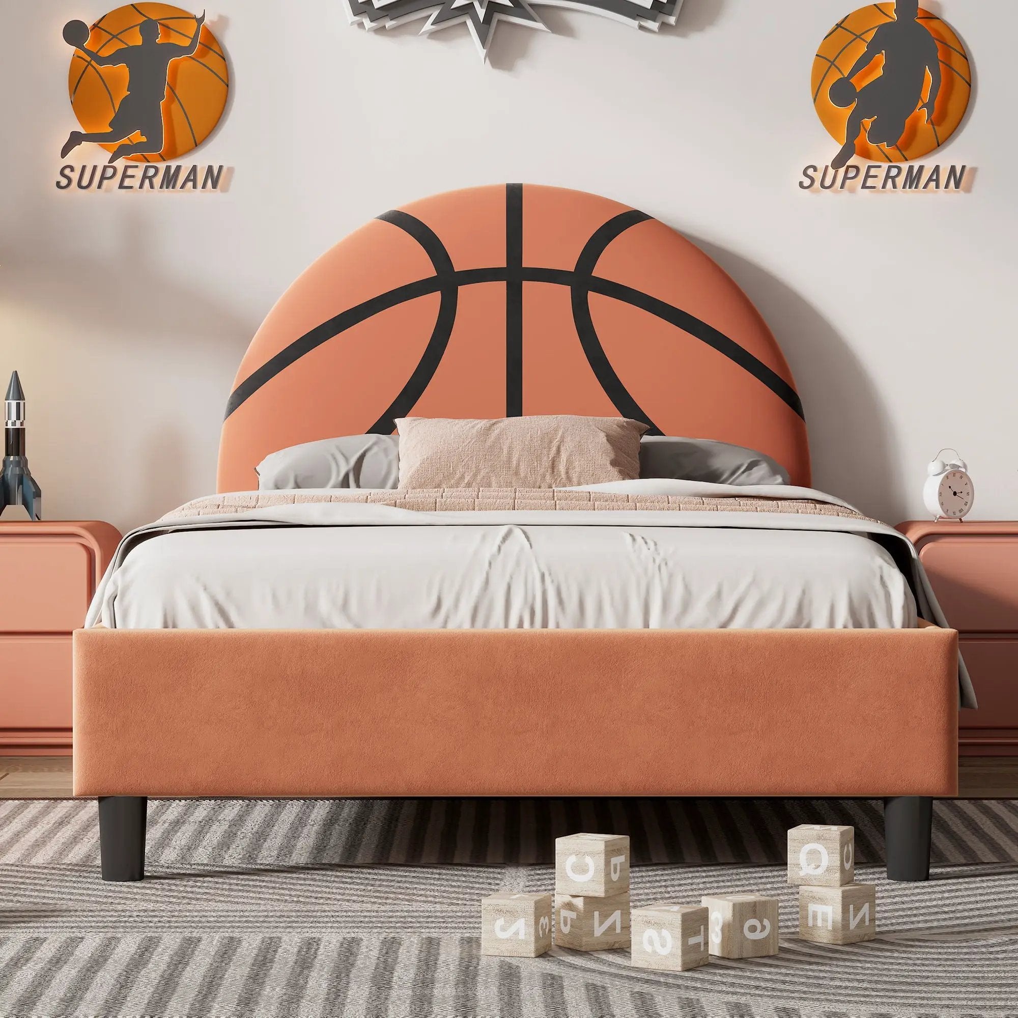 Basketball Design Upholstered Twin Platform Bed Sport Style Bed For Boys & Girls, Teens - Orange by HouseOfZazla