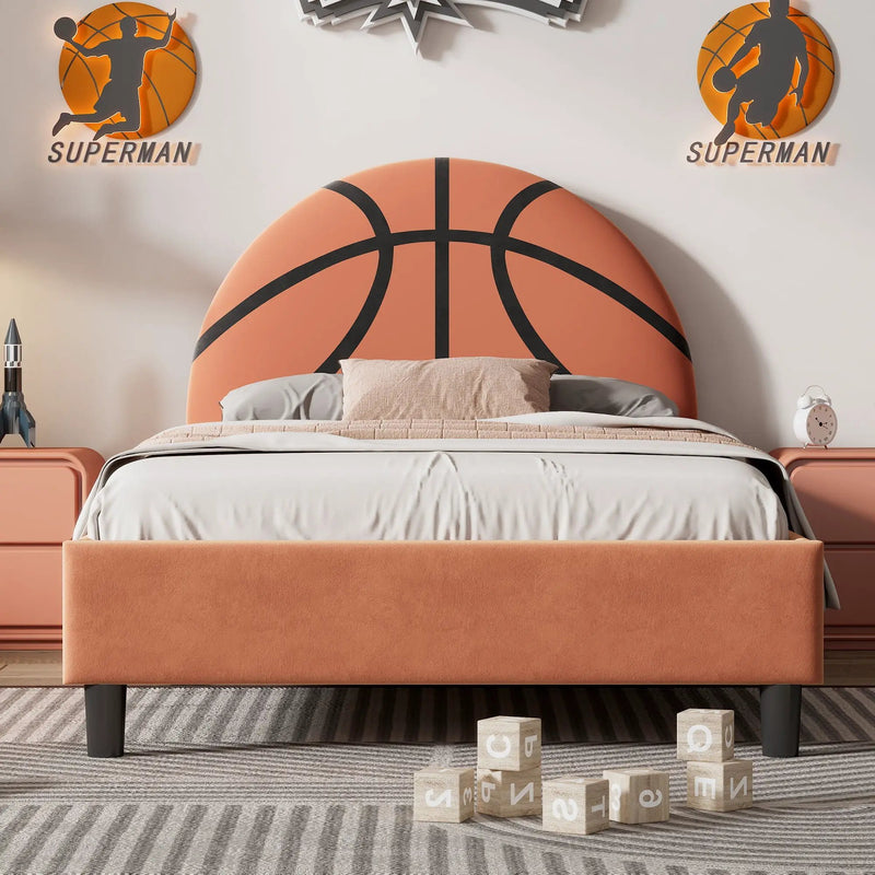 Basketball Design Upholstered Twin Platform Bed Sport Style Bed For Boys & Girls, Teens - Orange by Unique Piece Furniture