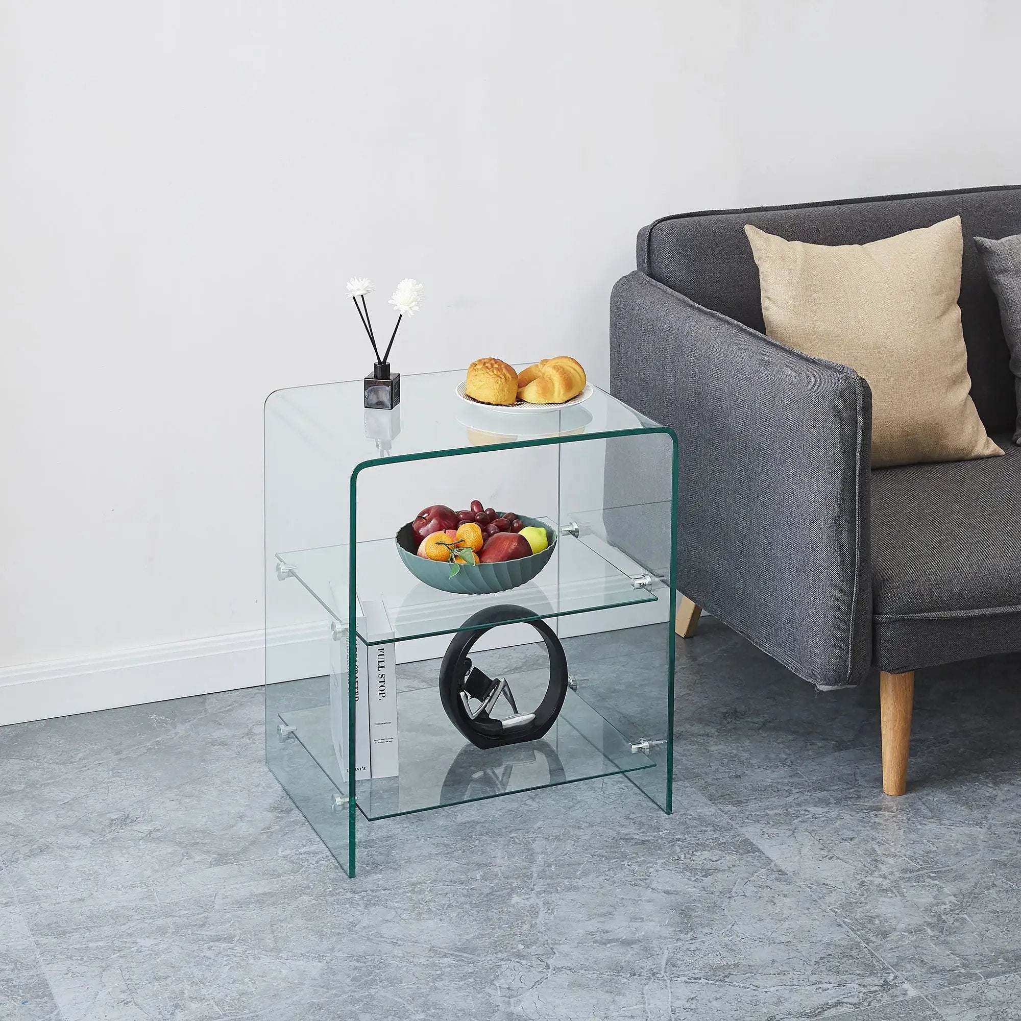 Tempered Clear Bent Glass Side Table Sofa Table, Multi Purpose Use, Premium Tempered Glass - Transparent