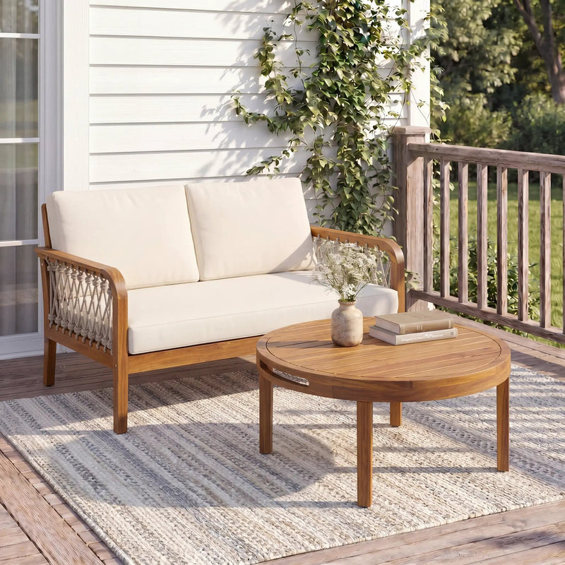 Outdoor Acacia Wood Loveseat & Coffee Table Set with Handwoven Rope, Teak Finish by HouseOfZazla