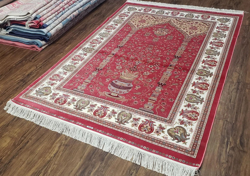 4 x 6 Silk Carpet Red, Traditional Oriental Rug 4x6, Flower Vase Columns, Turkish Rug New, High Quality, Bamboo Silk, Area Rug by Jewel Rugs