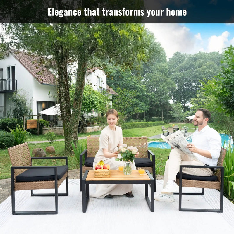 4 Piece Patio Furniture Set With Acacia Wood Table Top And Cushions by HouseOfZazla