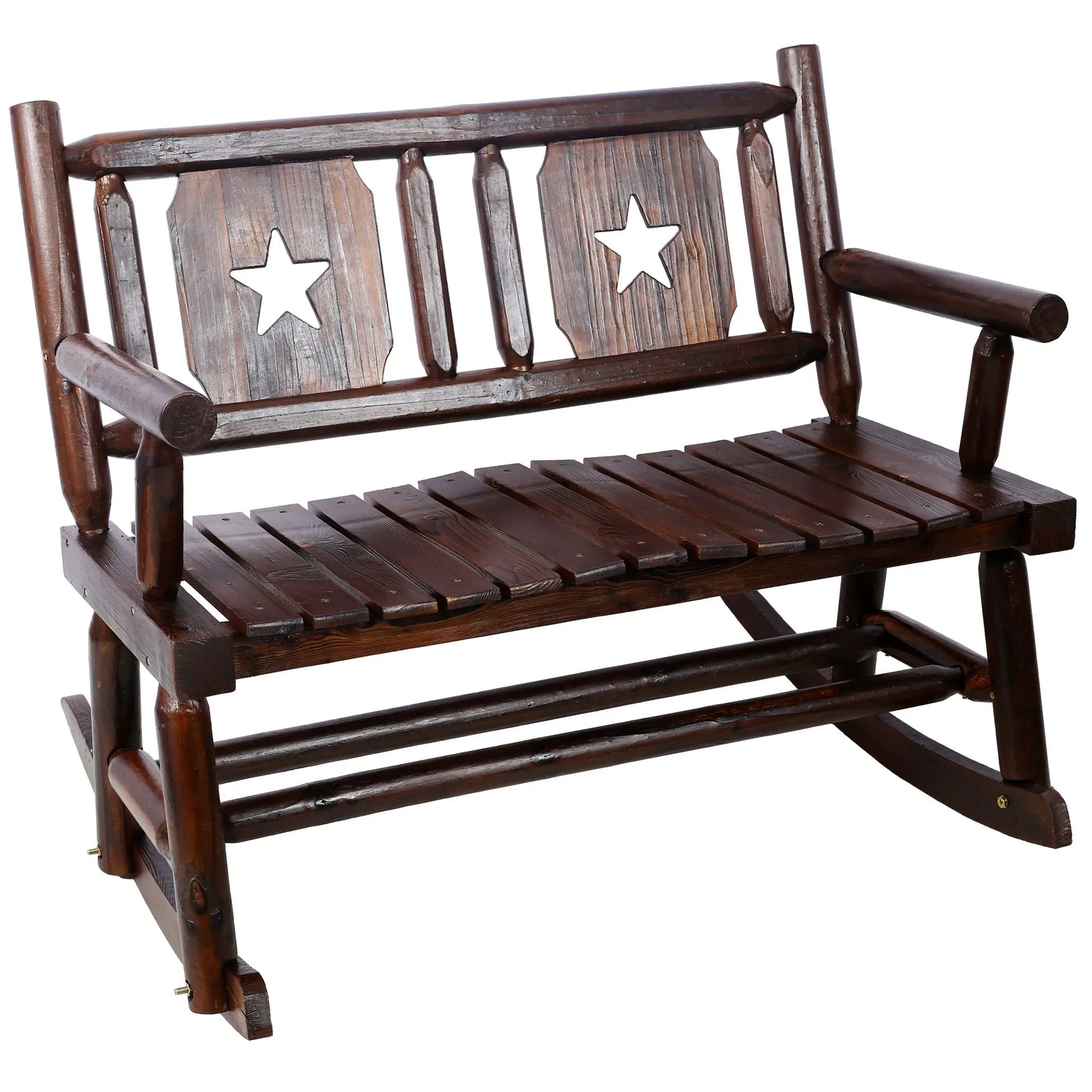 Rustic Outdoor Wood Rocking Bench Double Rocking Chair For 2 Persons With Curved Seat, Porch Rocker - Brown by HouseOfZazla