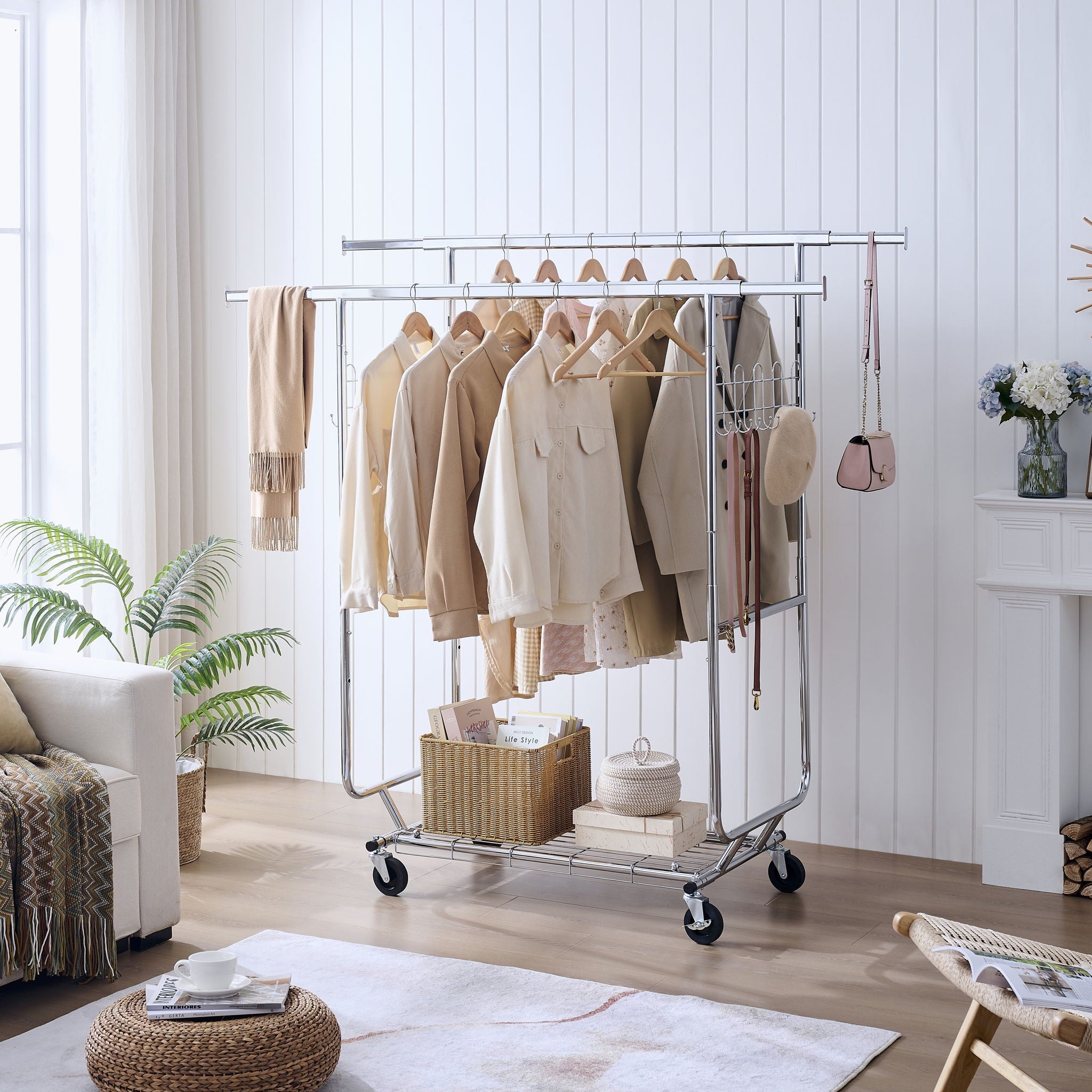 Heavy Duty Double Clothing Garment Rack With Shelves - Silver by HouseOfZazla