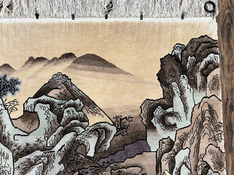 Silk Chinese Wall Hanging Rug 3x6 ft Tapestry, Pagoda Scene, Pictorial, High Quality Fine Hand Knotted Vintage, Asian Oriental Handmade Nice by Jewel Rugs