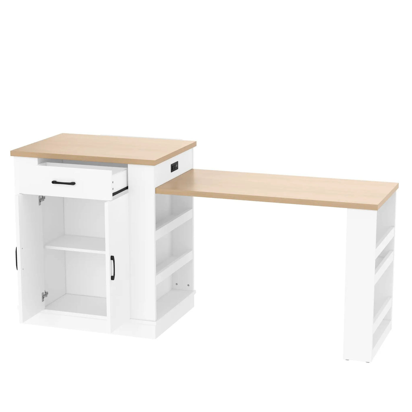 Extendable Island Console with Drawers, Double-Door Cabinet, and Open Shelving by HouseOfZazla
