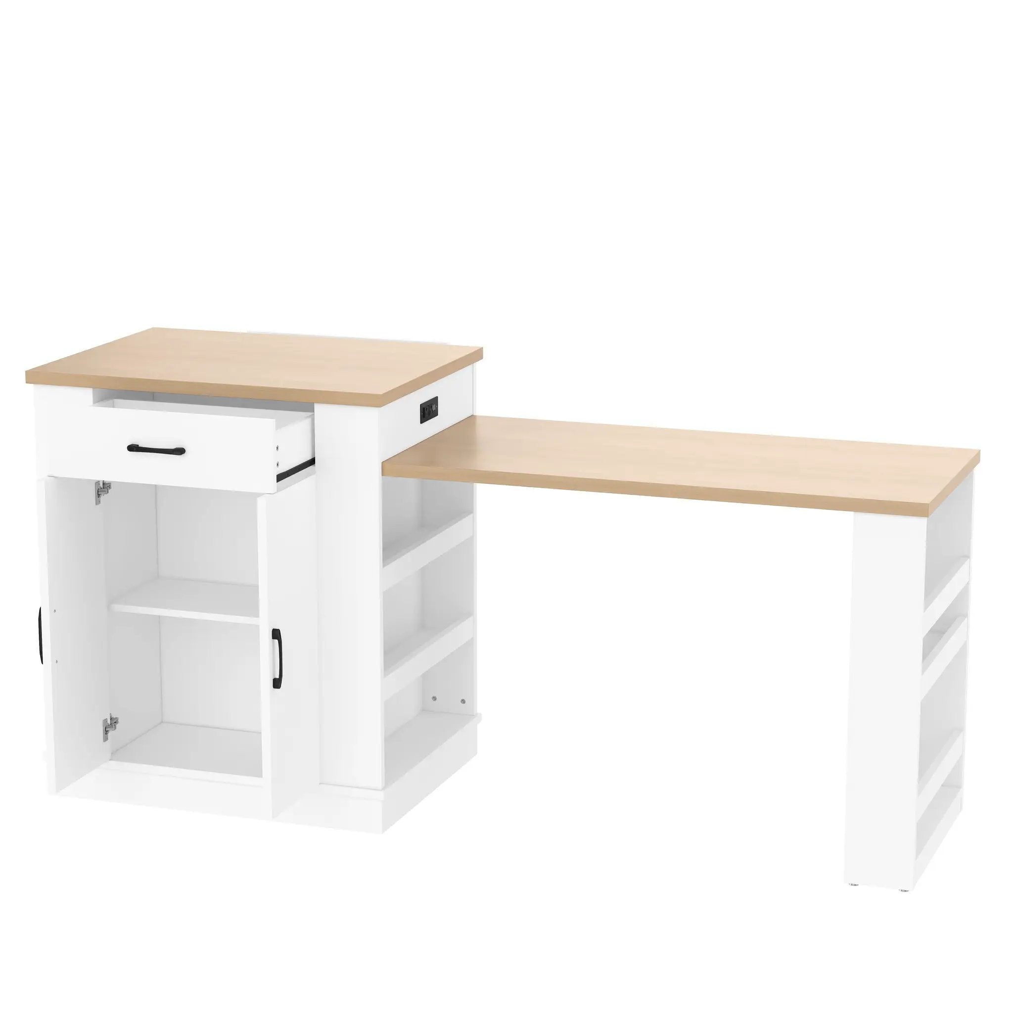 Extendable Island Console with Drawers, Double-Door Cabinet, and Open Shelving by HouseOfZazla