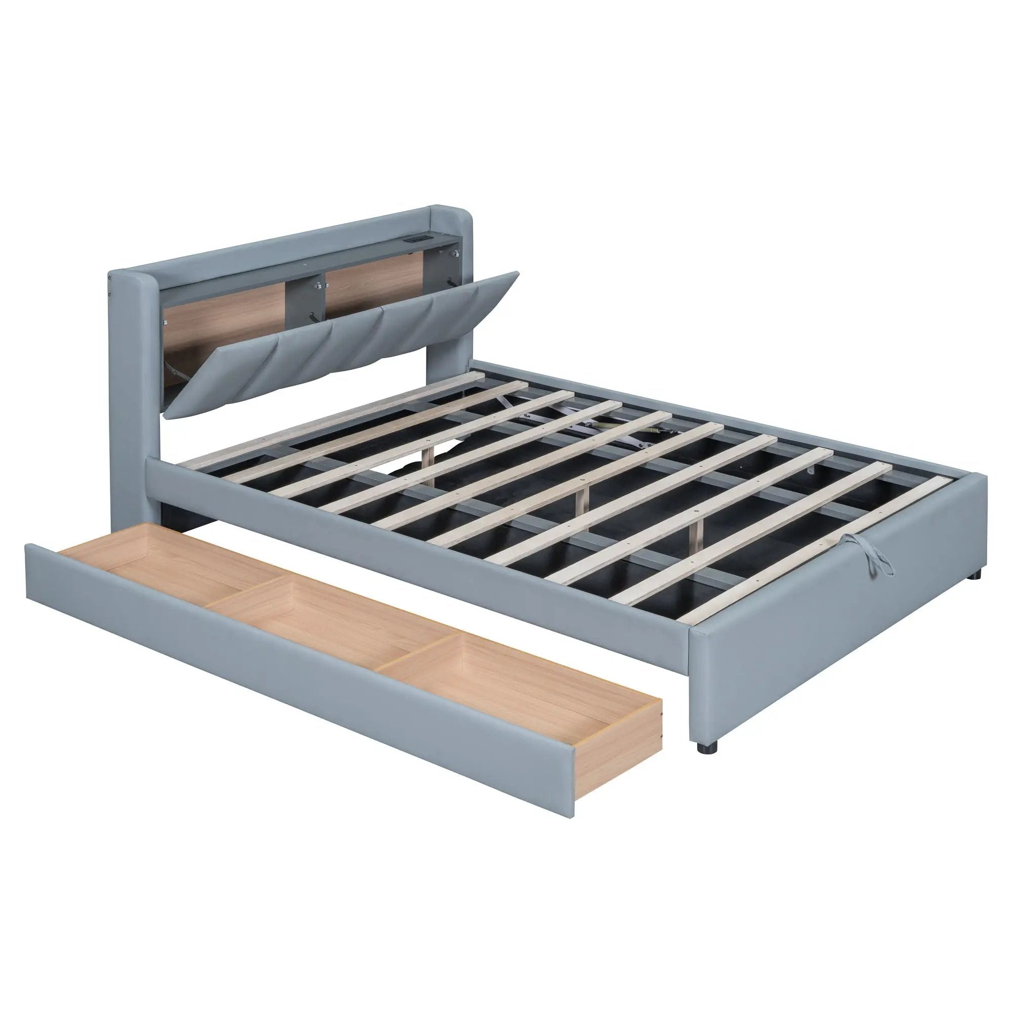 Upholstered Mother & Child Bed With Hydraulic Storage System, Drawer Box, Bedhead Storage Shelf And 2 Pairs Of Sockets & USB Ports by HouseOfZazla