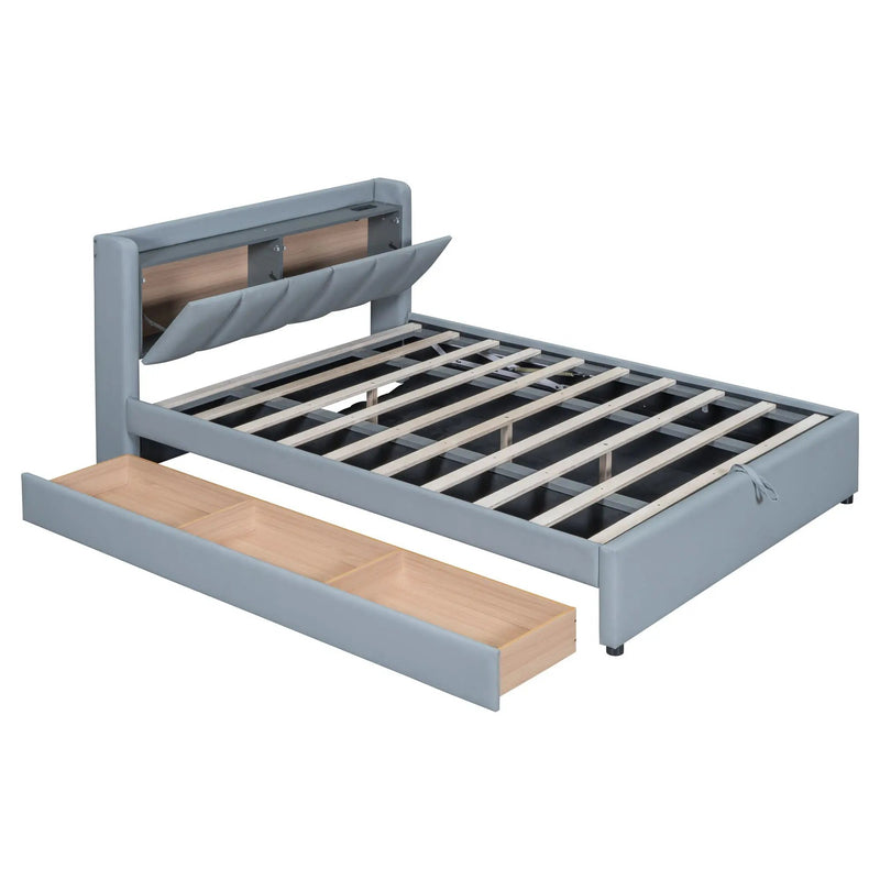 Upholstered Mother & Child Bed With Hydraulic Storage System, Drawer Box, Bedhead Storage Shelf And 2 Pairs Of Sockets & USB Ports by HouseOfZazla
