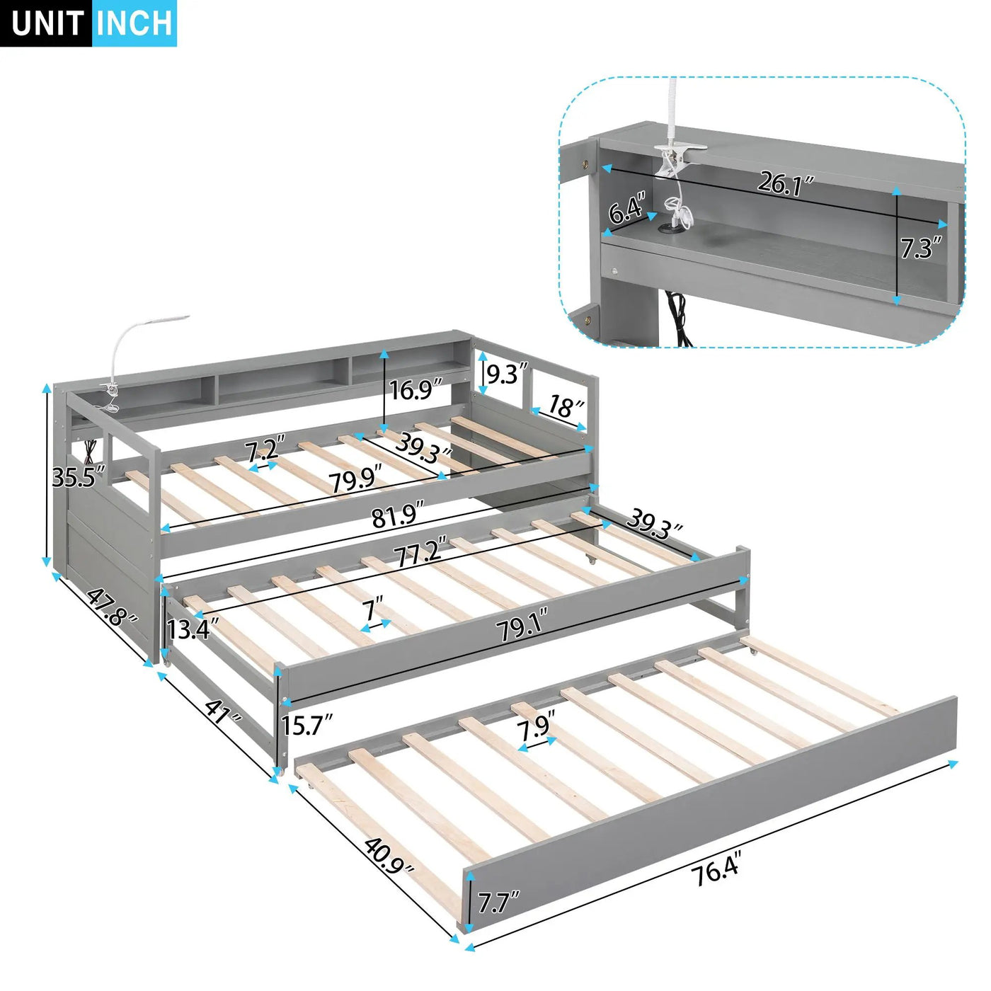 Daybed With 2 Trundles, 3 Storage Cubbies, Built In USB Charging Light by Unique Piece Furniture