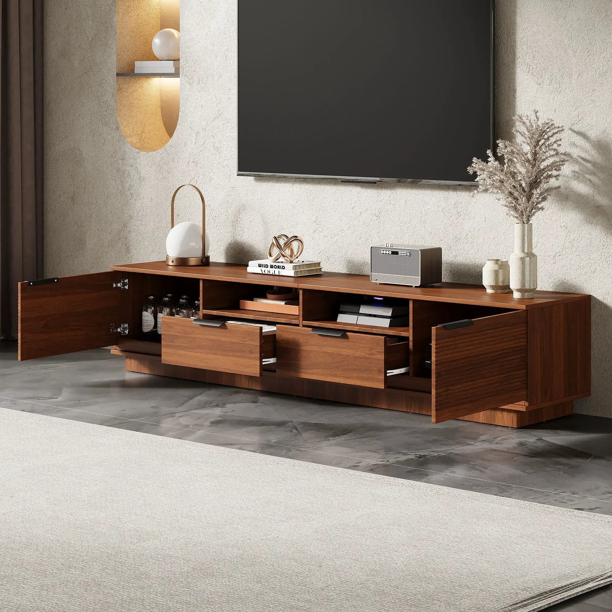 TV Stand, Entertainment Center With Deep Drawers, Cable Management & Soft Closing Hinges by Unique Piece Furniture