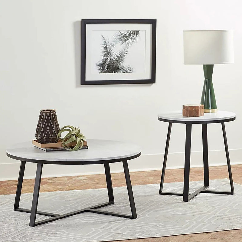Hugo Round Faux Marble End Table White and Matte Black by Unique Piece Furniture