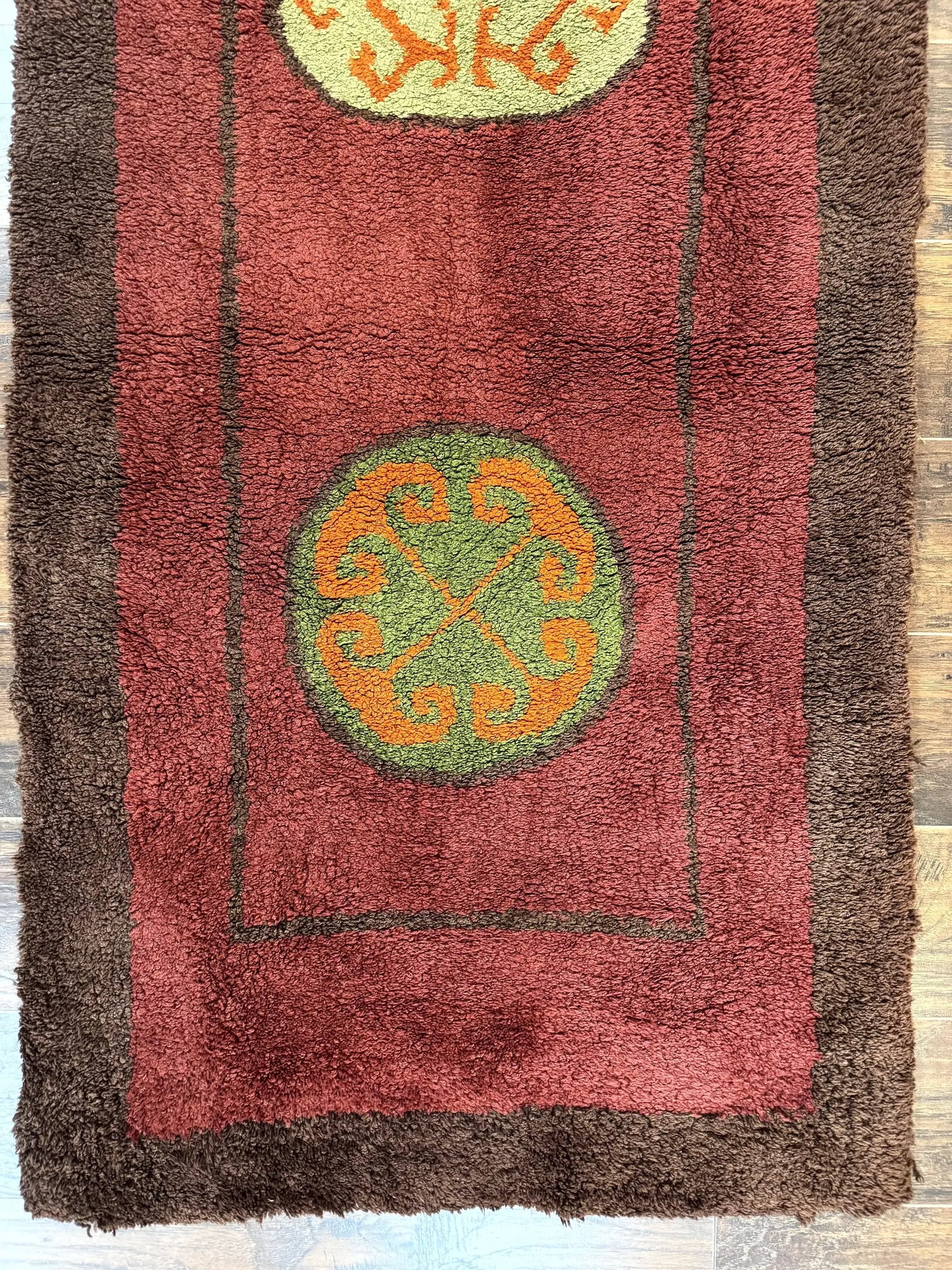 German Hooked Runner Rug 3x8, Vintage, Red, Wool by Jewel Rugs