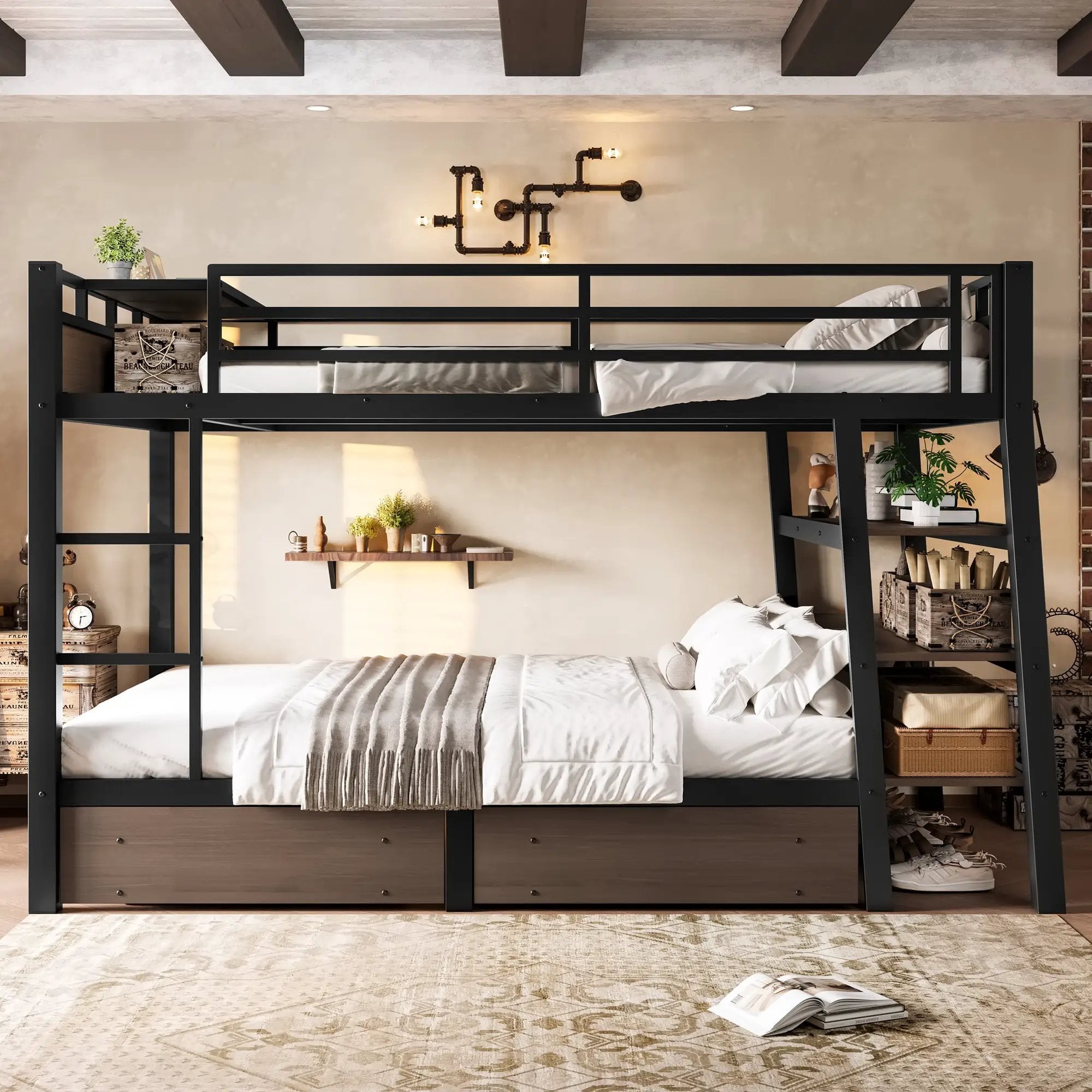 Full Size Metal Bunk Bed with Storage Shelves and USB Power Strip by HouseOfZazla