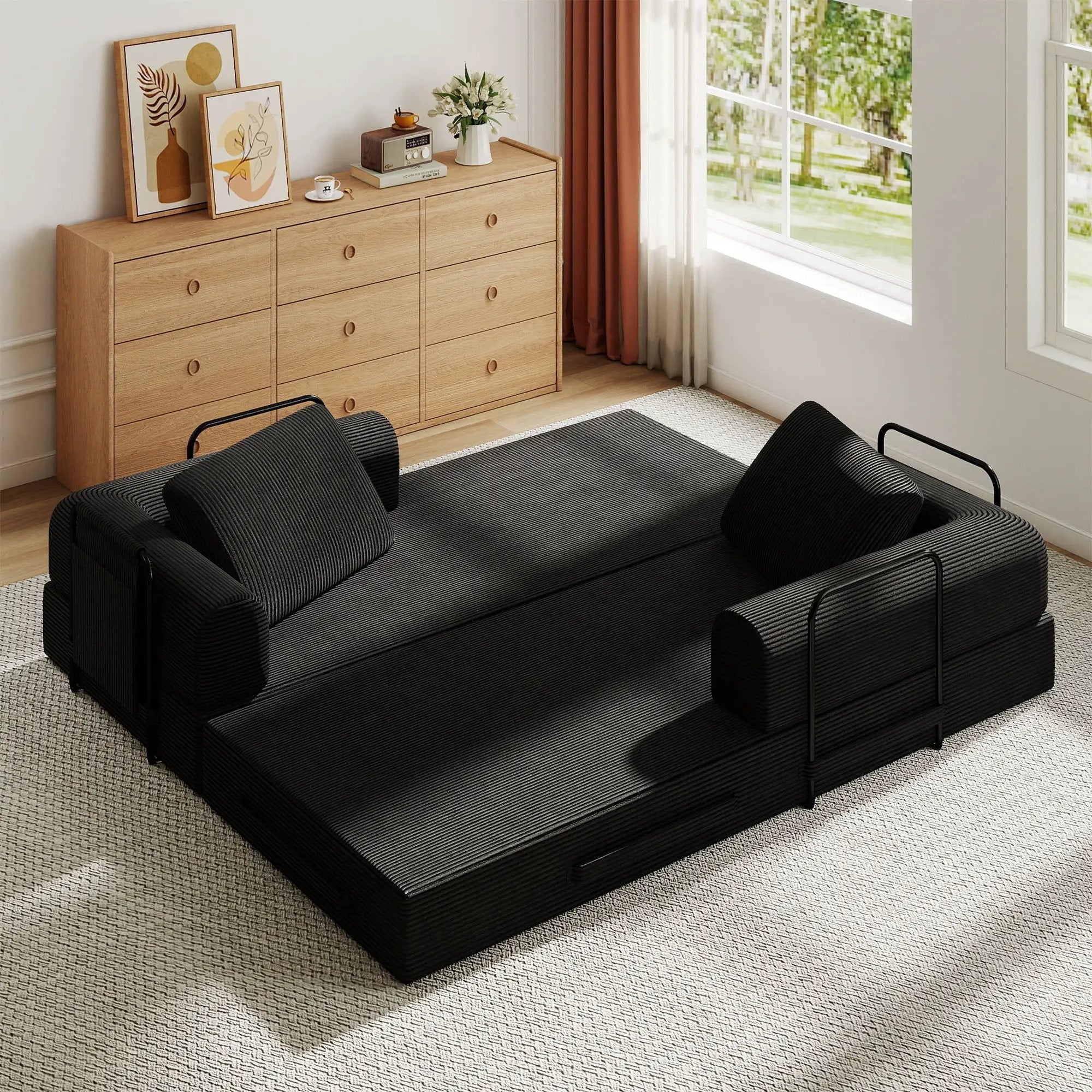 Convertible Sleeper Sofa Bed With Cylindrical Pillow, Fixed Shape Frame by Unique Piece Furniture