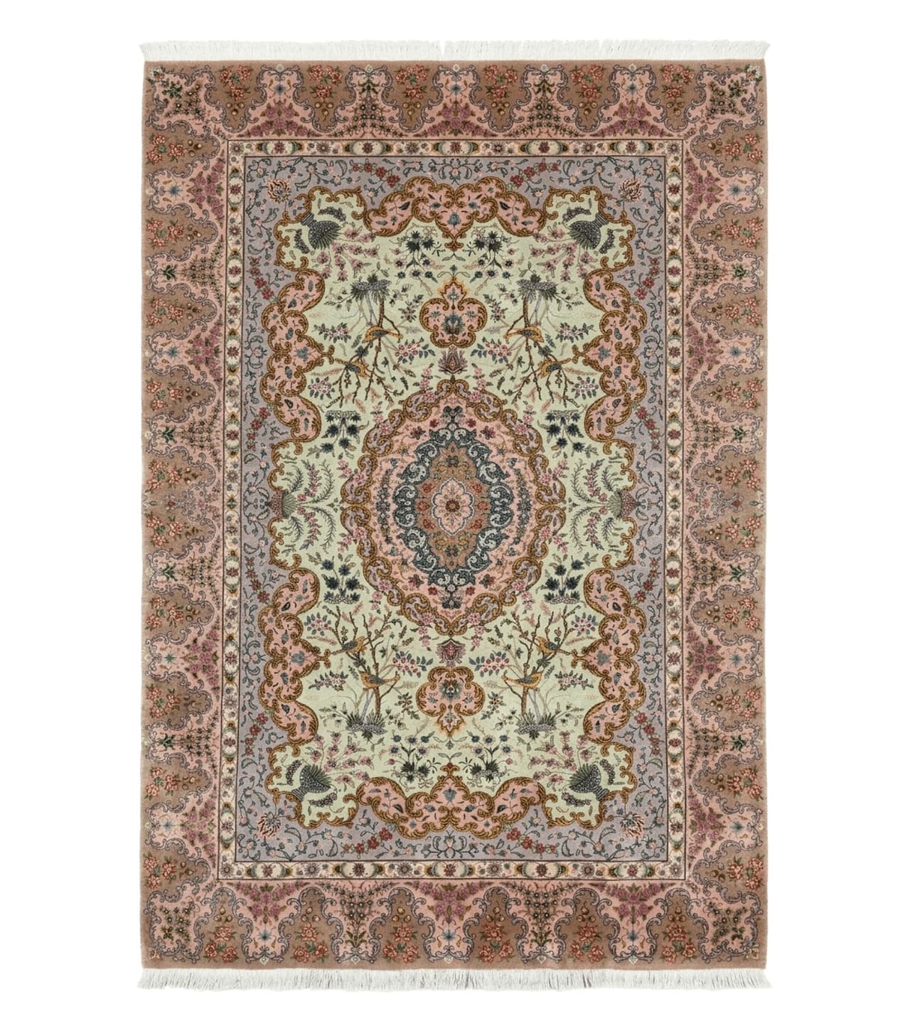 Wonderful Persian Tabriz Rug 7x10, Very Fine 330 KPSI, Light Green Light Blue Pink, Kork Wool Silk Foundation, Bird Pictorials by Jewel Rugs