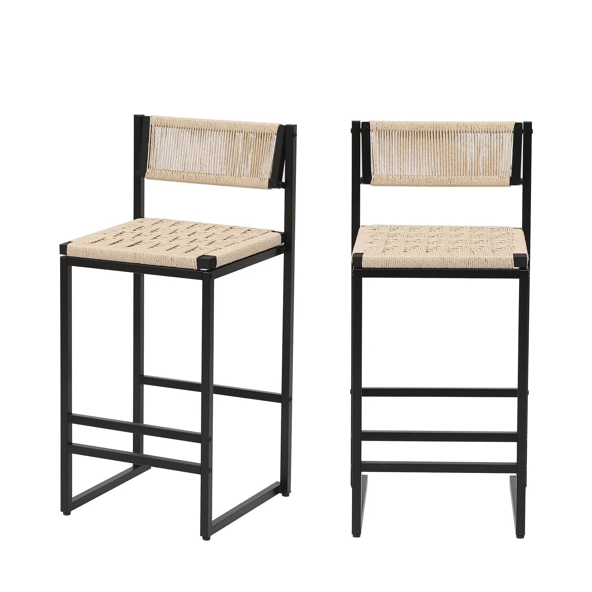 Style B, Woven Bar Stools With Backrest, Paper Rope Weave Dining Chairs For Kitchen Island - Creamy White by HouseOfZazla