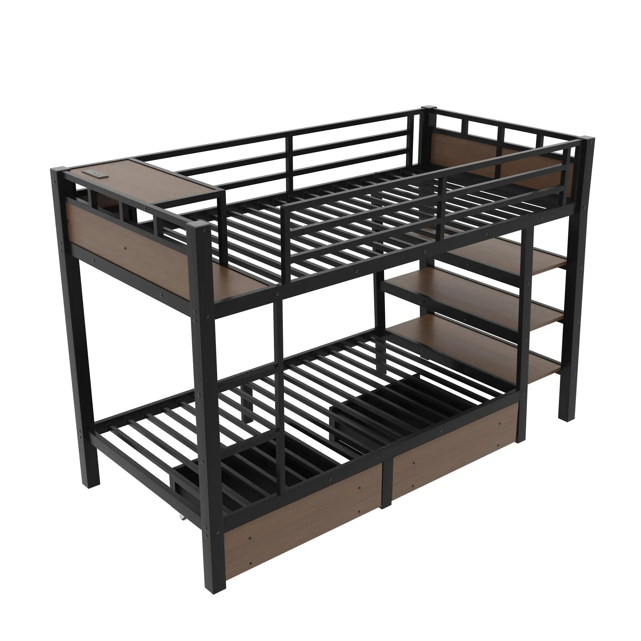 Twin Size Metal Bunk Bed with Storage Shelves, LED Light Strip, and USB Power Strip by HouseOfZazla