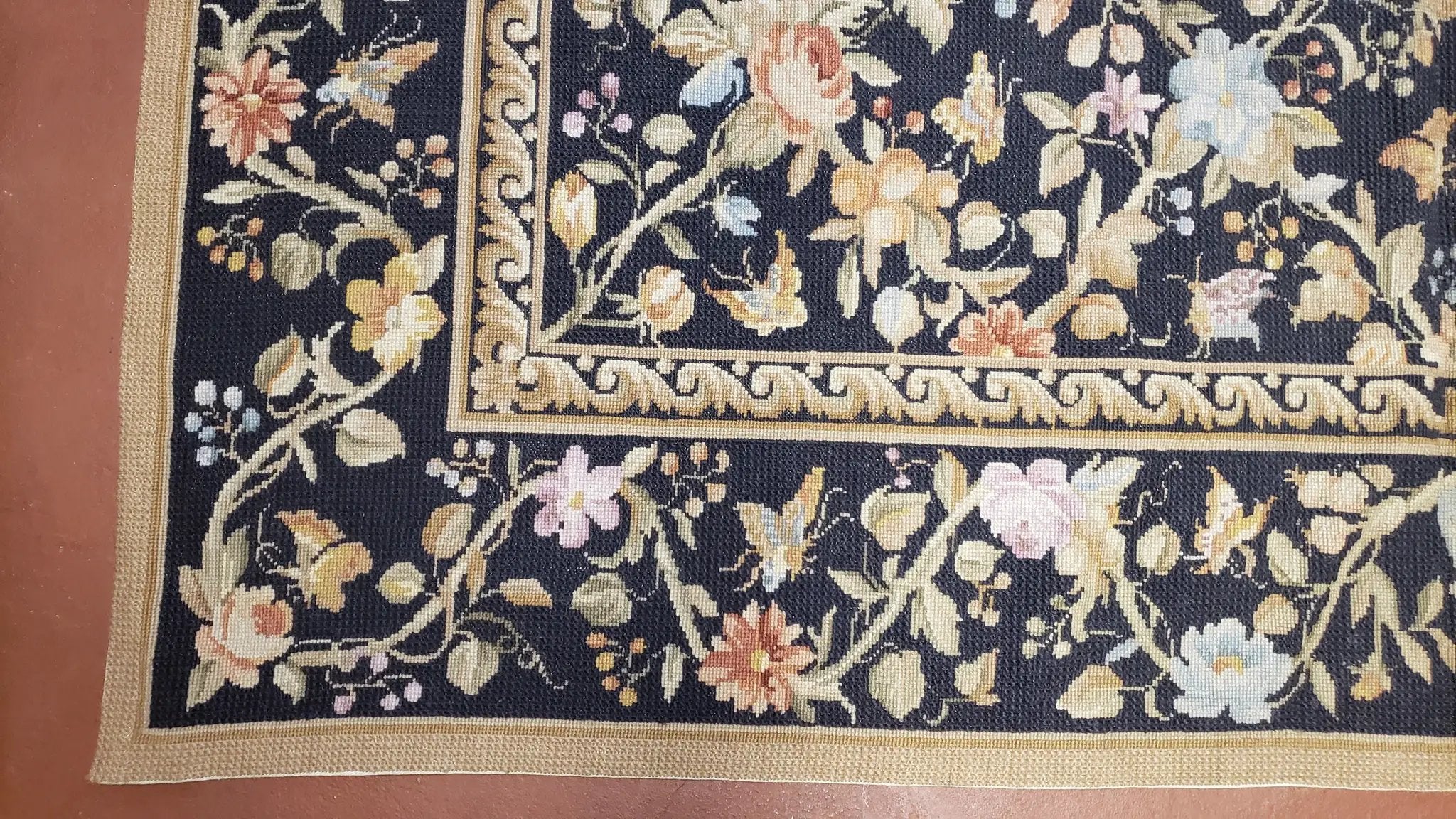 6x9 Vintage Needlepoint Rug, Petitepoint Carpet, Butterflies Floral Design by Jewel Rugs