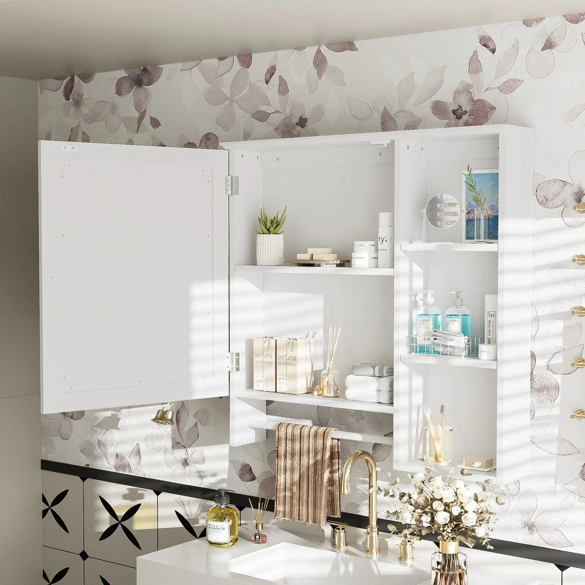 Wall Mounted Bathroom Storage Cabinet, Medicine Cabinets With Large Mirror Door, Adjustable Shelves And Three Open Storage Levels(Not Include Bathroom Vanity) by HouseOfZazla
