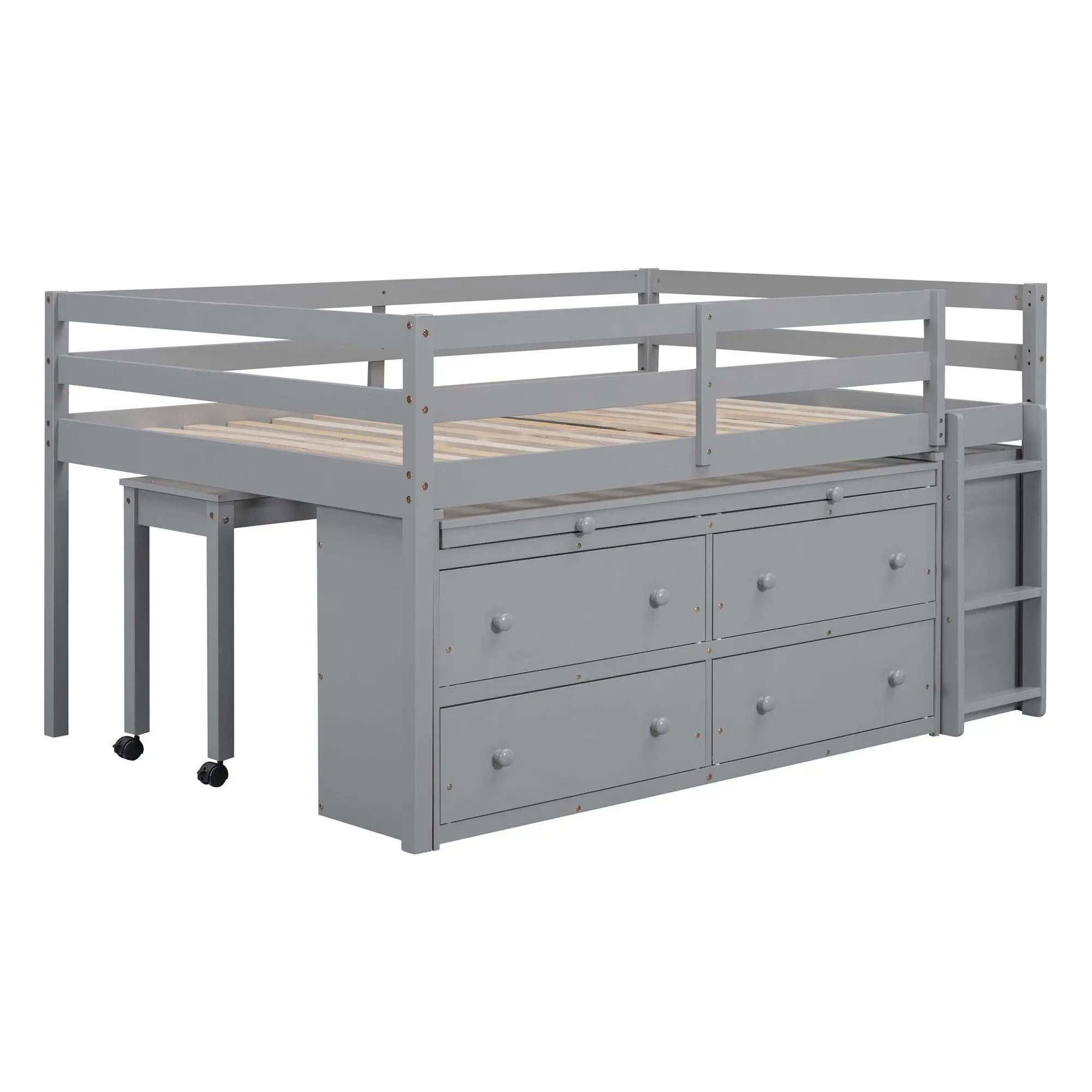 Loft Bed With Retractable Writing Desk And 4 Drawers, With Lateral Portable Desk And Shelves by HouseOfZazla