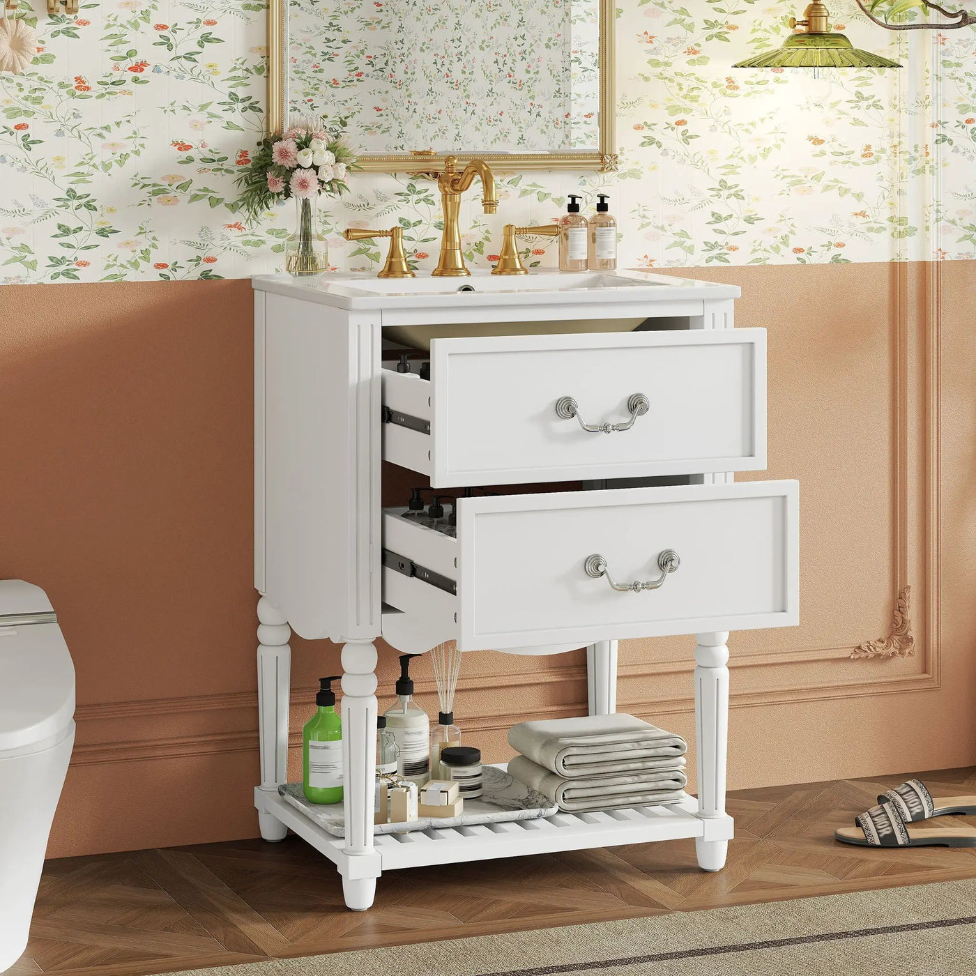 Wave Design Bathroom Vanity With Sink, 2 Drawers And Open Shelf by Unique Piece Furniture