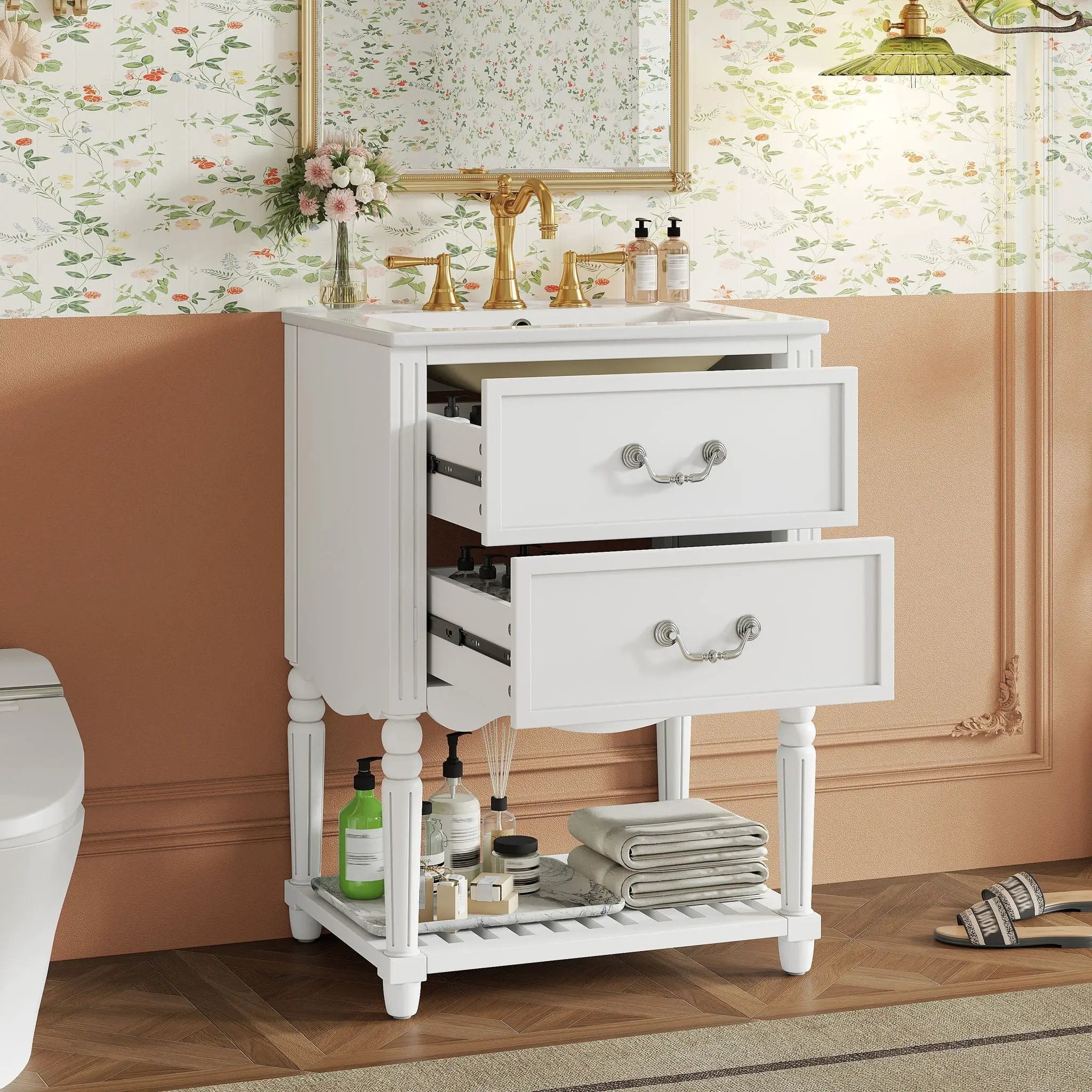 Wave Design Bathroom Vanity With Sink, 2 Drawers And Open Shelf by Unique Piece Furniture
