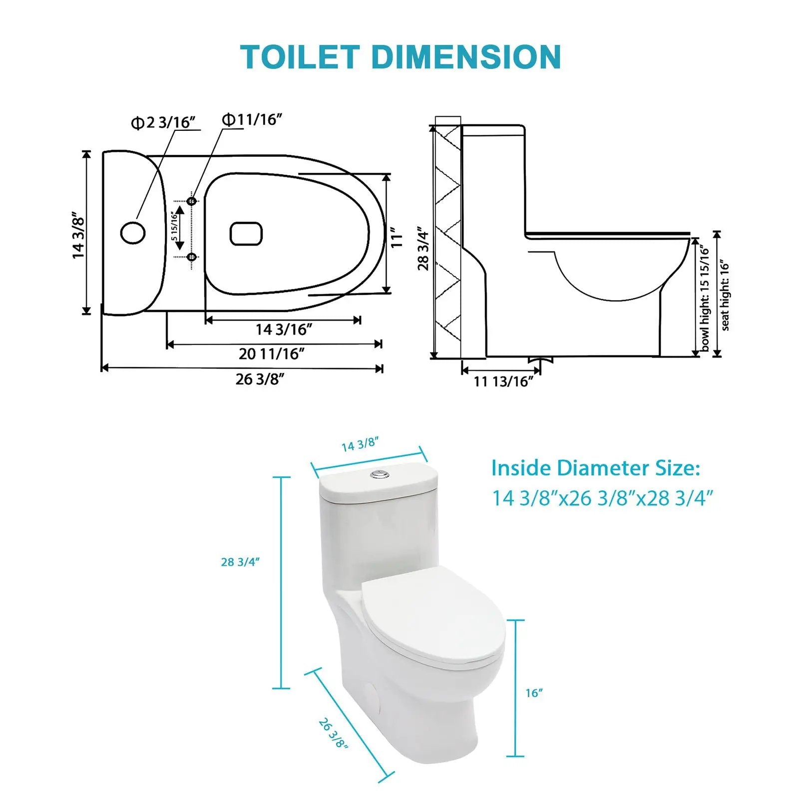 1 Piece Toilet For Bathroom, Dual Flush, Soft Closing Seat - White by HouseOfZazla
