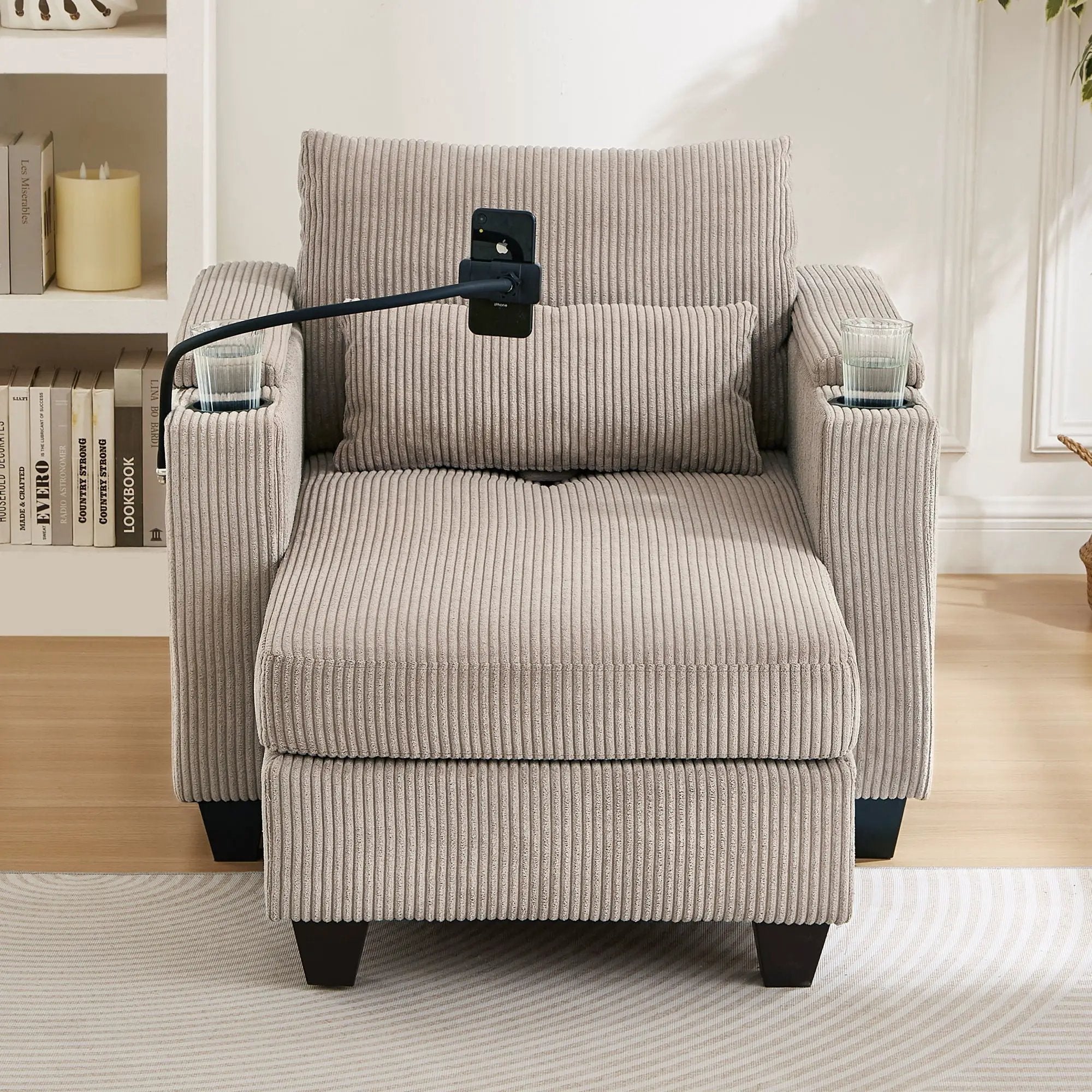 Convertible Chaise Lounge Sofa Chair With USB Ports, Cup Holders, Phone Holder And Storage by HouseOfZazla