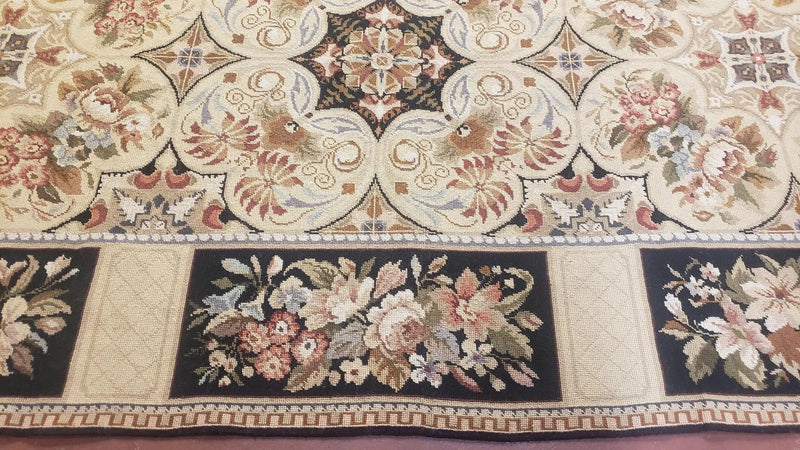 Needlepoint Rug 8x10ft Allover European Design Flowers 100% Wool Hand Knotted Aubusson Area Rug Brand New Flatweave Needle Point Carpet Chic by Jewel Rugs