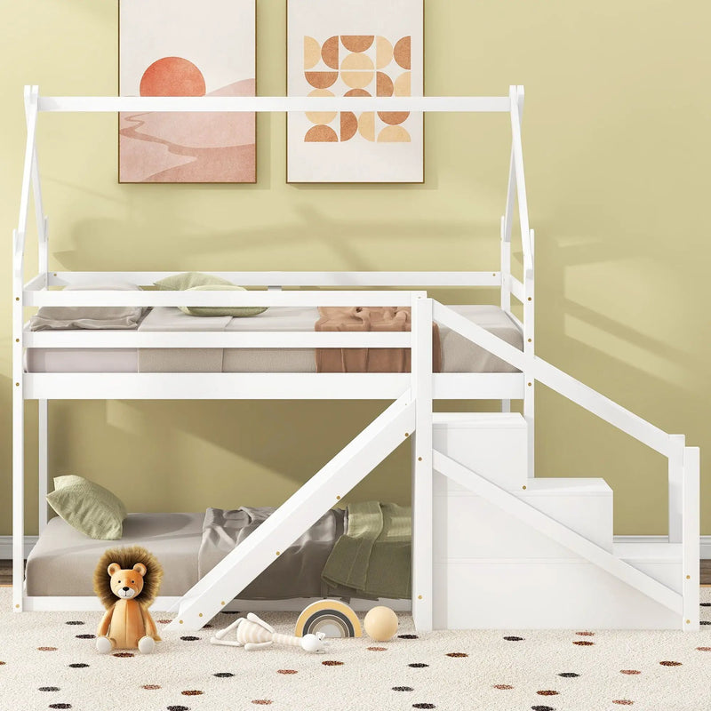 Twin Over Twin House Loft Or Bunk Bed With Slide And Staircase by Unique Piece Furniture