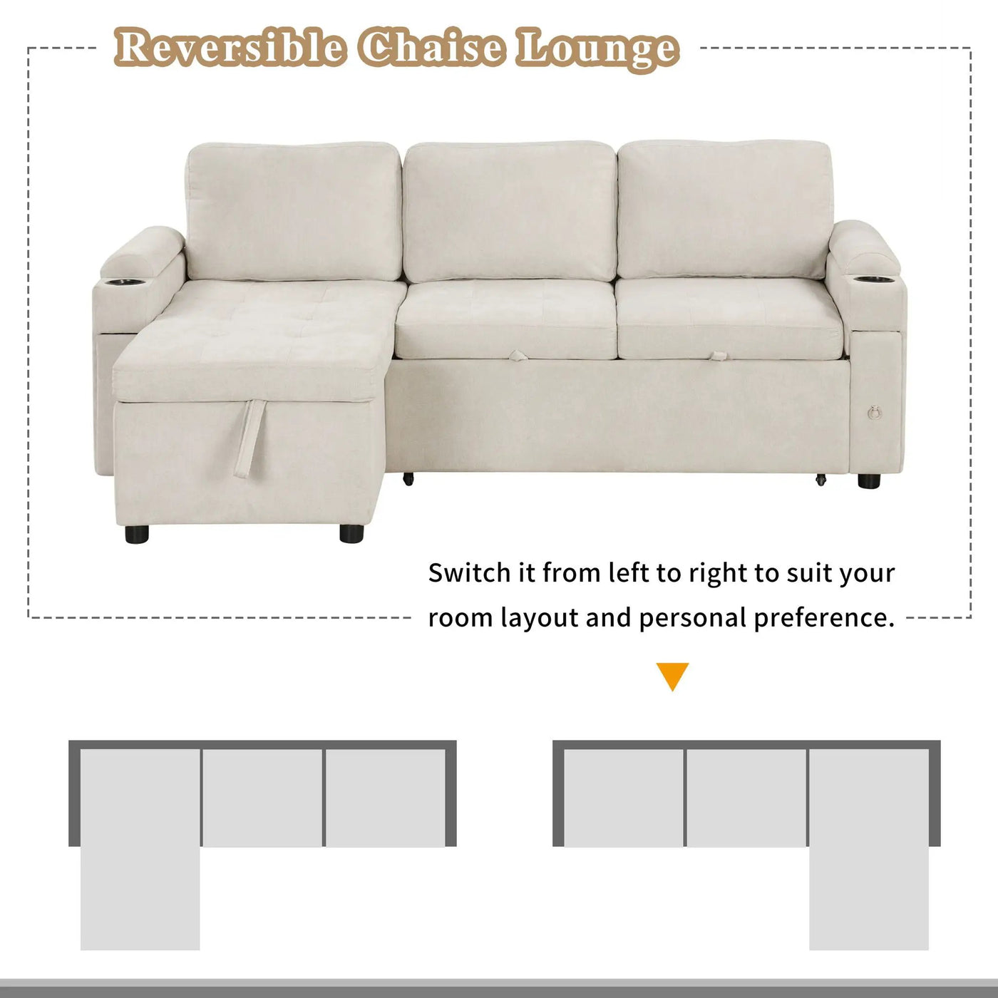 Convertible L Shaped Sofa Couch With Storage, Cup Holders, USB Ports by Unique Piece Furniture