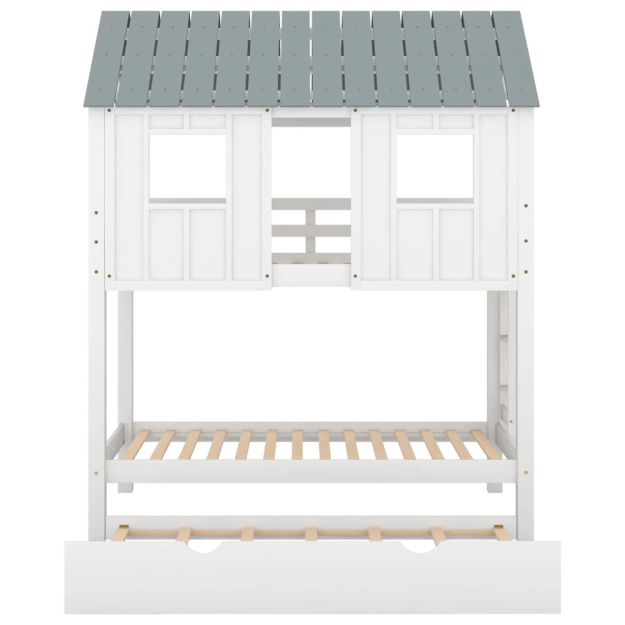 Twin Size House Bunk Bed With Trundle, Roof And Windows - White / Gray by HouseOfZazla