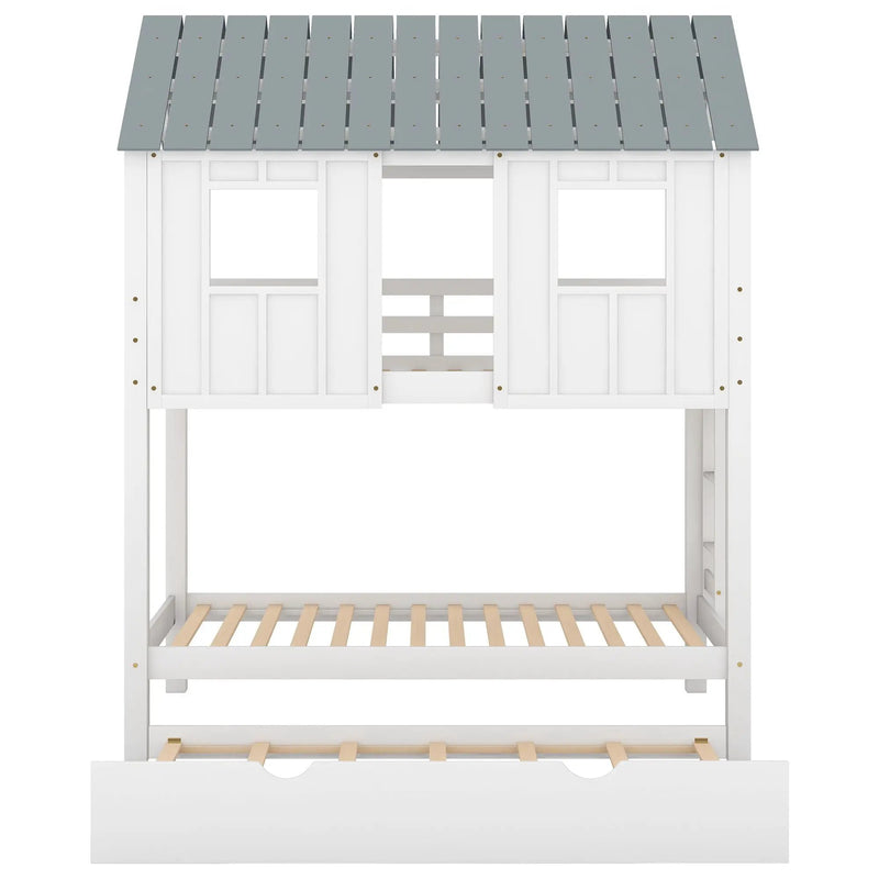 Twin Size House Bunk Bed With Trundle, Roof And Windows - White / Gray by HouseOfZazla