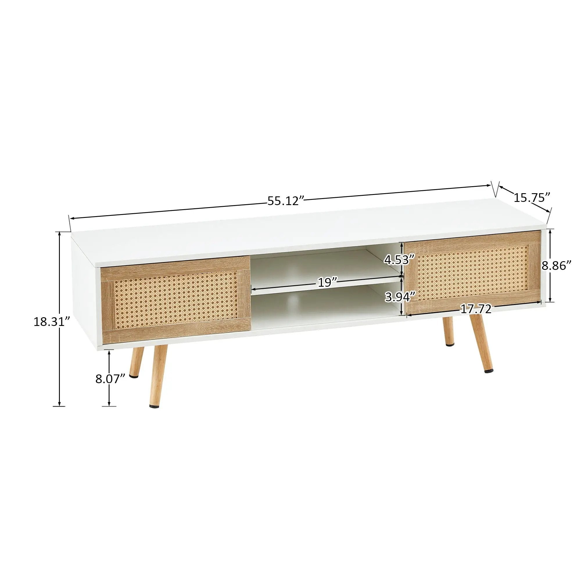 55.12" Rattan TV Cabinet, Double Sliding Doors For Storage, Adjustable Shelf, Solid Wood Legs, TV Console For Living Room by HouseOfZazla
