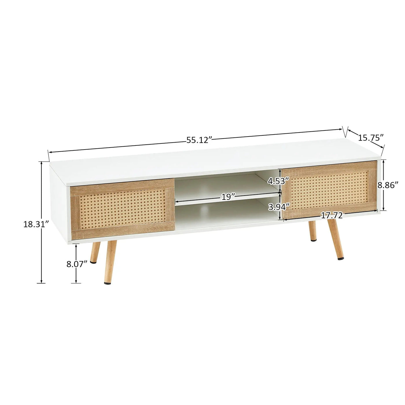 55.12" Rattan TV Cabinet, Double Sliding Doors For Storage, Adjustable Shelf, Solid Wood Legs, TV Console For Living Room by Unique Piece Furniture